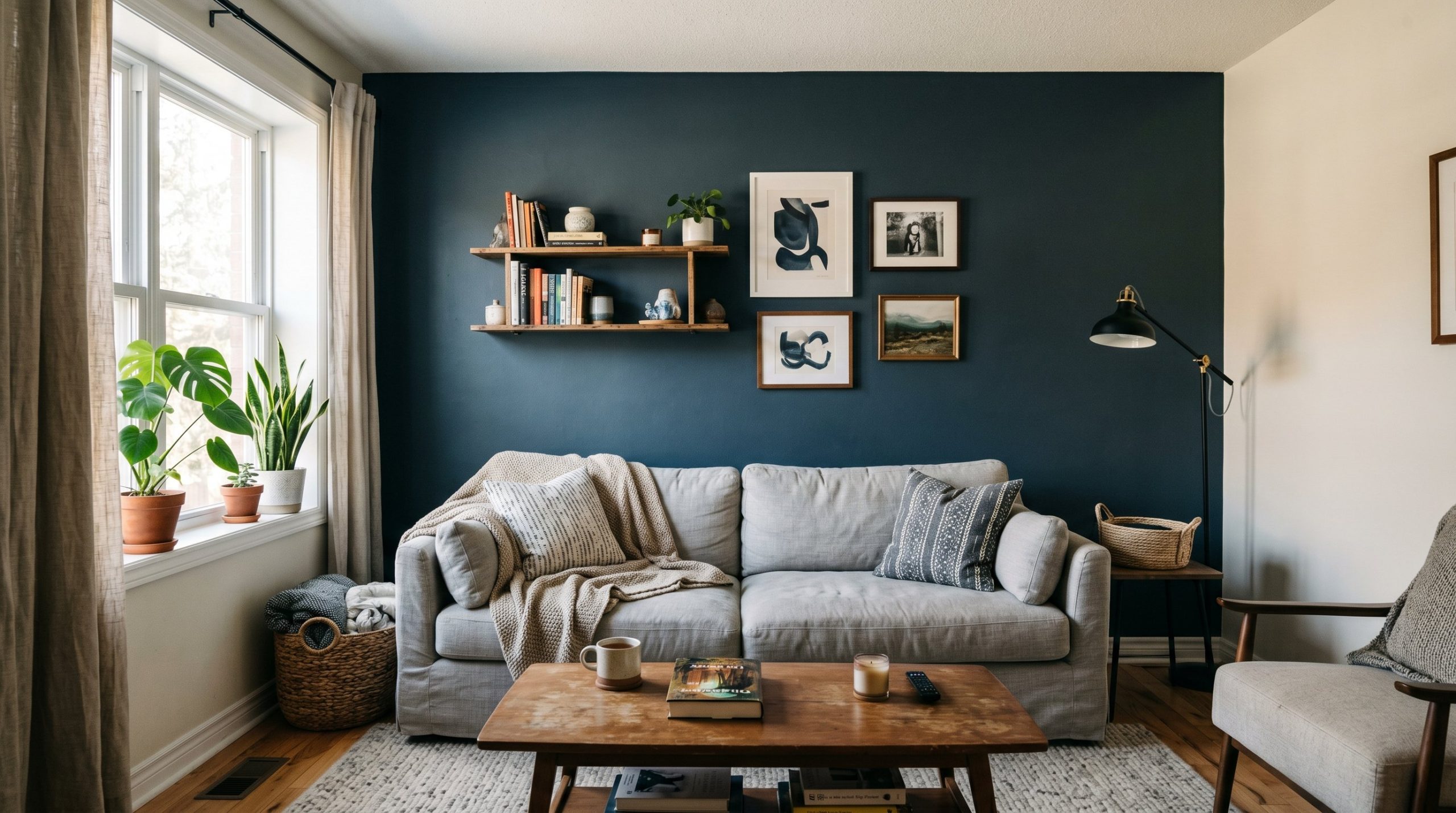 Photorealistic interior photo. Living room accent wall painted deep moody storm-blue. Natural light casting soft shadows. Editorial photography style, no people visible.