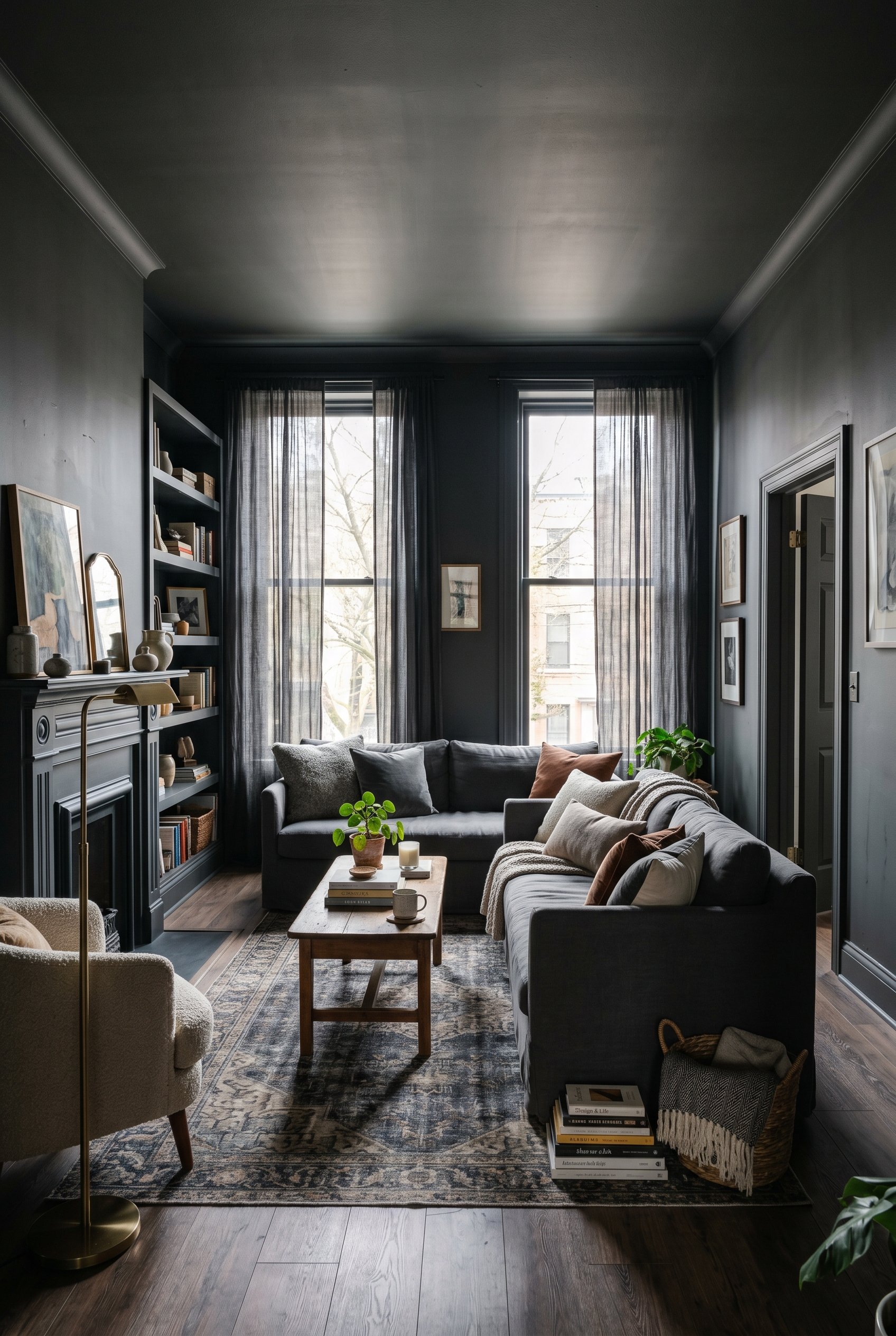 Photorealistic interior photo. Living room completely color-drenched in dark charcoal gray including walls, trim, doors, and ceiling, tall windows with sheer drapes, wide camera angle. Editorial photo