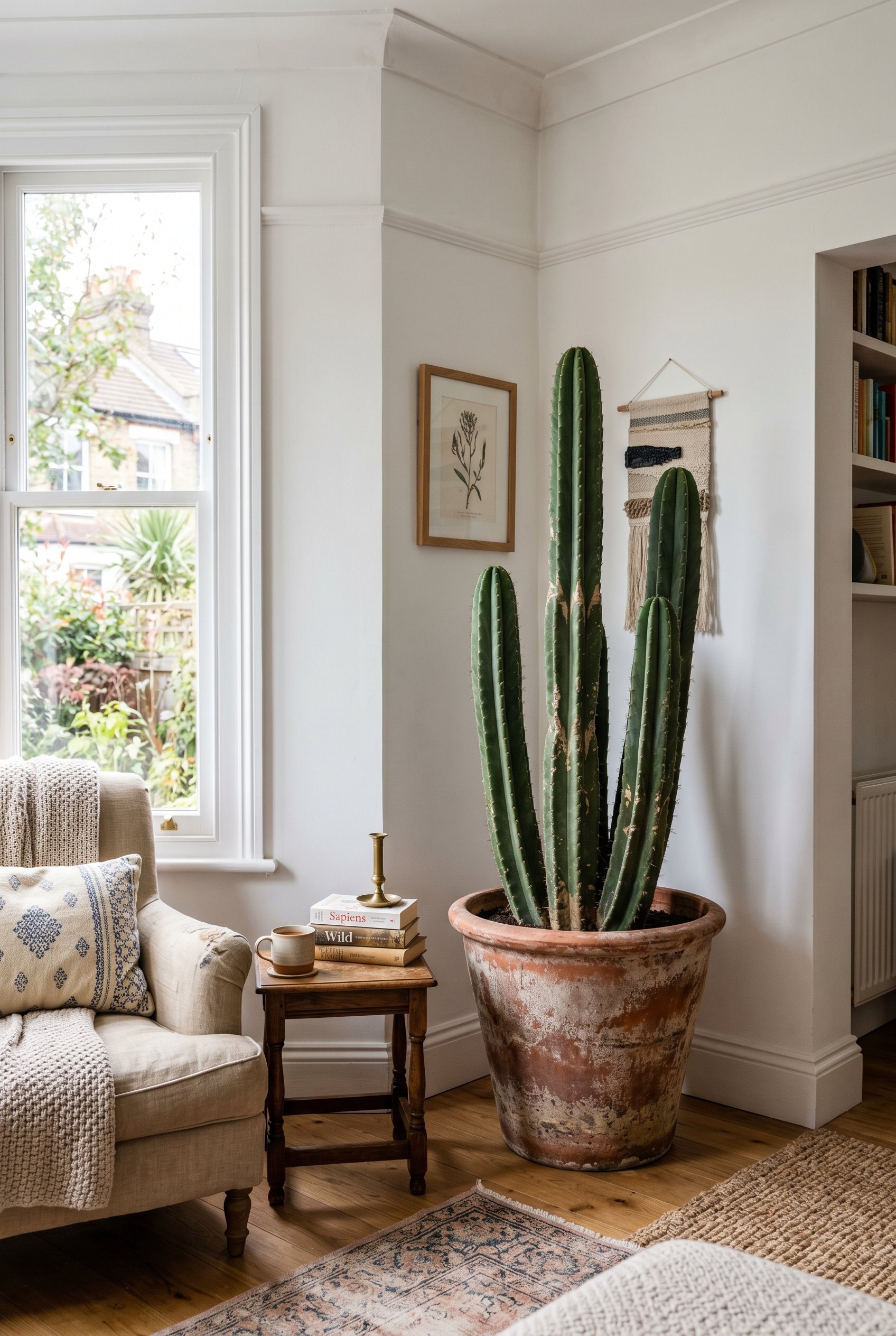 Photorealistic interior photo. Living room corner featuring a massive San Pedro cactus planted in a giant, weathered terracotta pot. Crisp white walls, editorial photography style, highly detailed, no