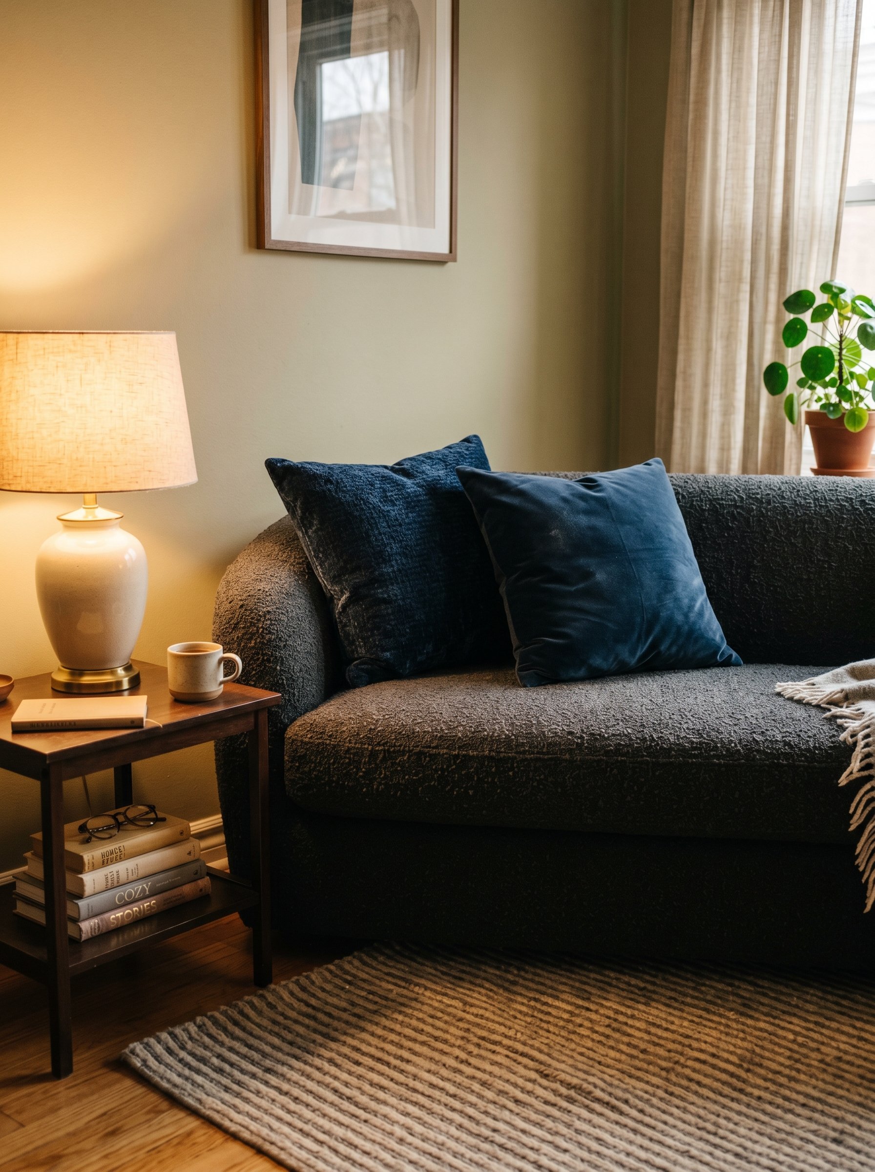 Photorealistic interior photo. Living room detail, charcoal boucle sofa with midnight blue velvet pillows, ribbed wool rug, warm lamp light, close-up camera angle. Editorial photography style, no peop