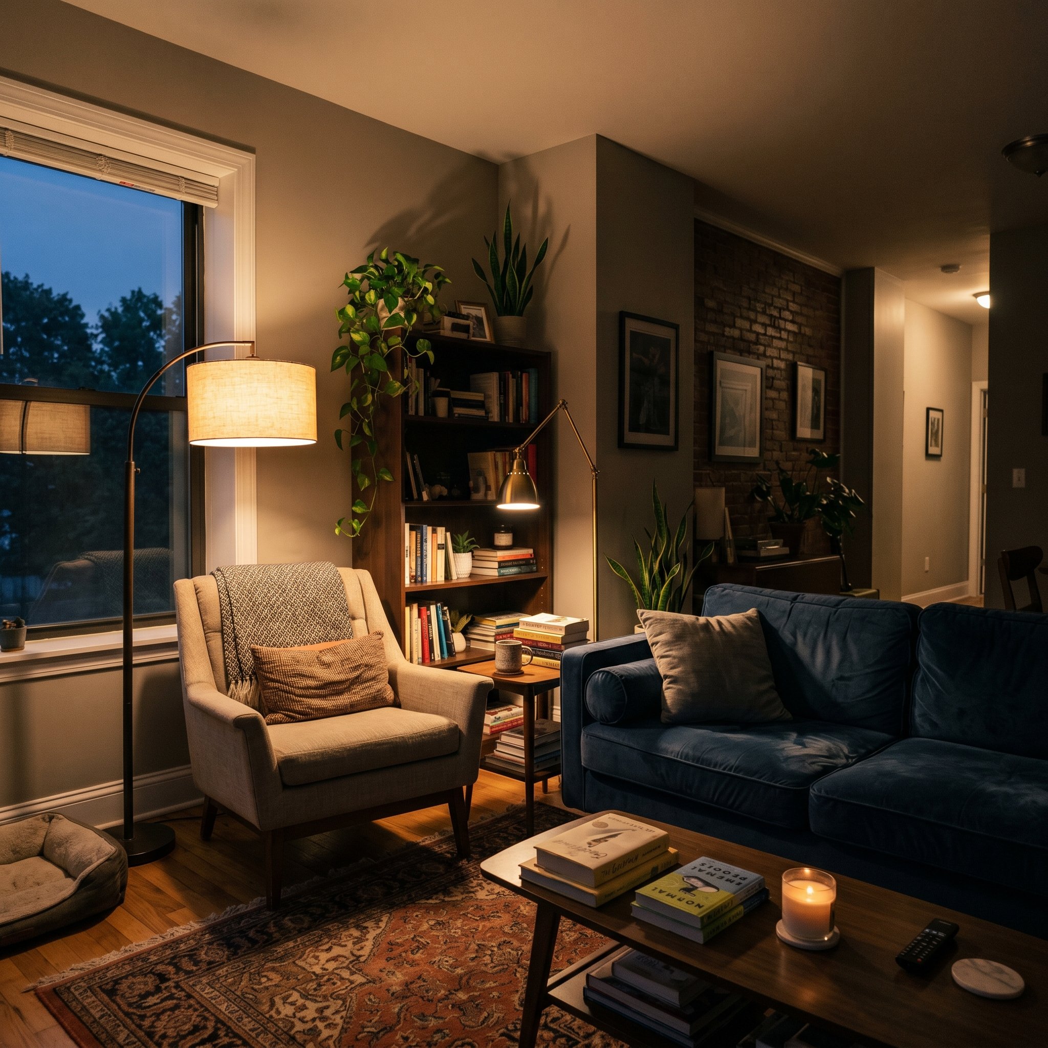 Photorealistic interior photo. Living room illuminated only by a soft glowing floor lamp and a small brass reading lamp casting warm pools of light, moody evening lighting, wide angle. Editorial photo