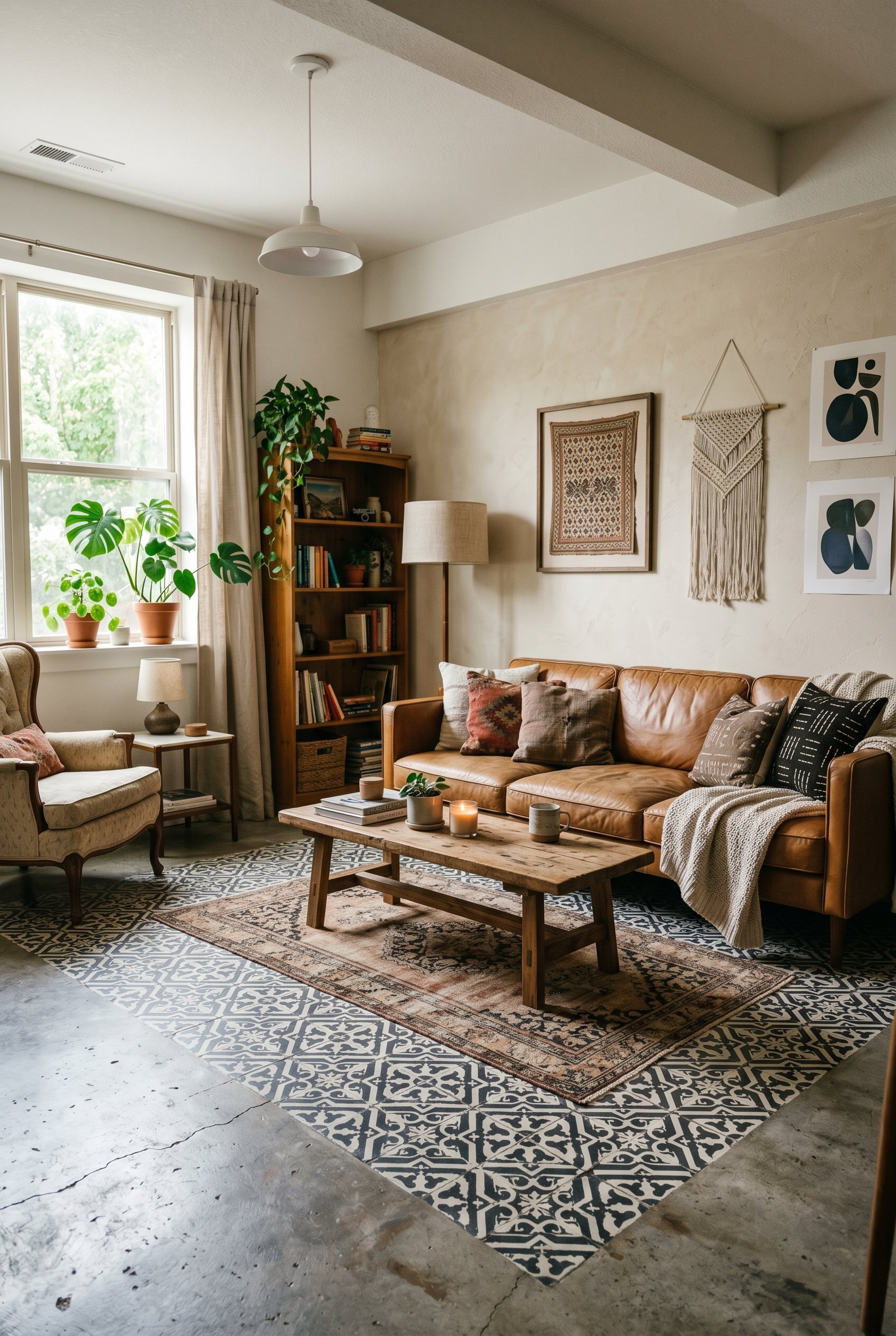Photorealistic interior photo. Living room with a concrete floor painted and stenciled with a black and white geometric encaustic tile pattern, bohemian decor. Editorial photography style, no people v