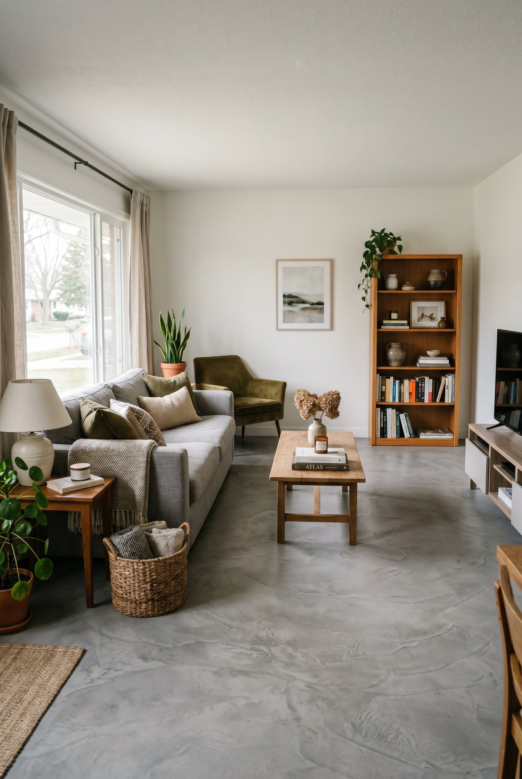Photorealistic interior photo. Living room with a flawless gray microcement overlay floor, subtle hand-troweled sweeping textures, soft diffused daylight. Editorial photography style, no people visibl