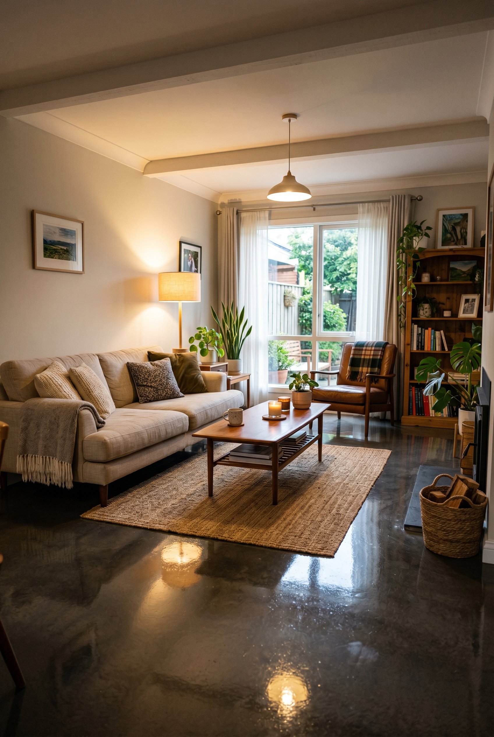 Photorealistic interior photo. Living room with a high-gloss wet-look polyurethane sealed concrete floor, deep gray tones, reflecting warm indoor lighting. Editorial photography style, no people visib
