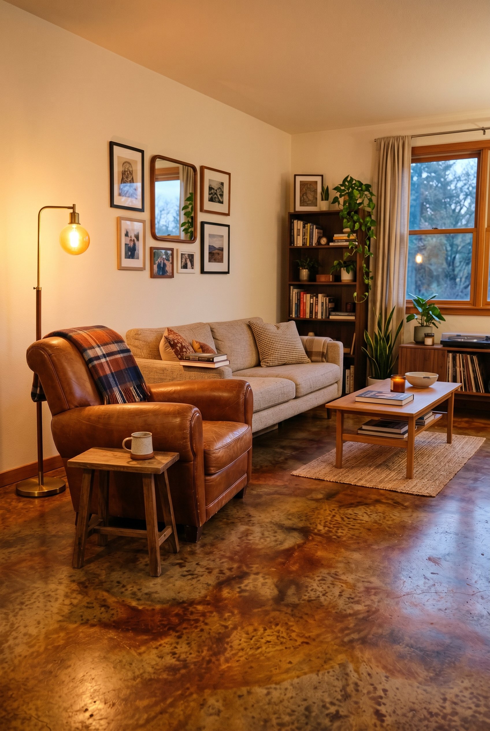 Photorealistic interior photo. Living room with a mottled copper and rust acid-stained concrete floor, organic varied colors, rich leather armchair, warm amber lighting. Editorial photography style, n