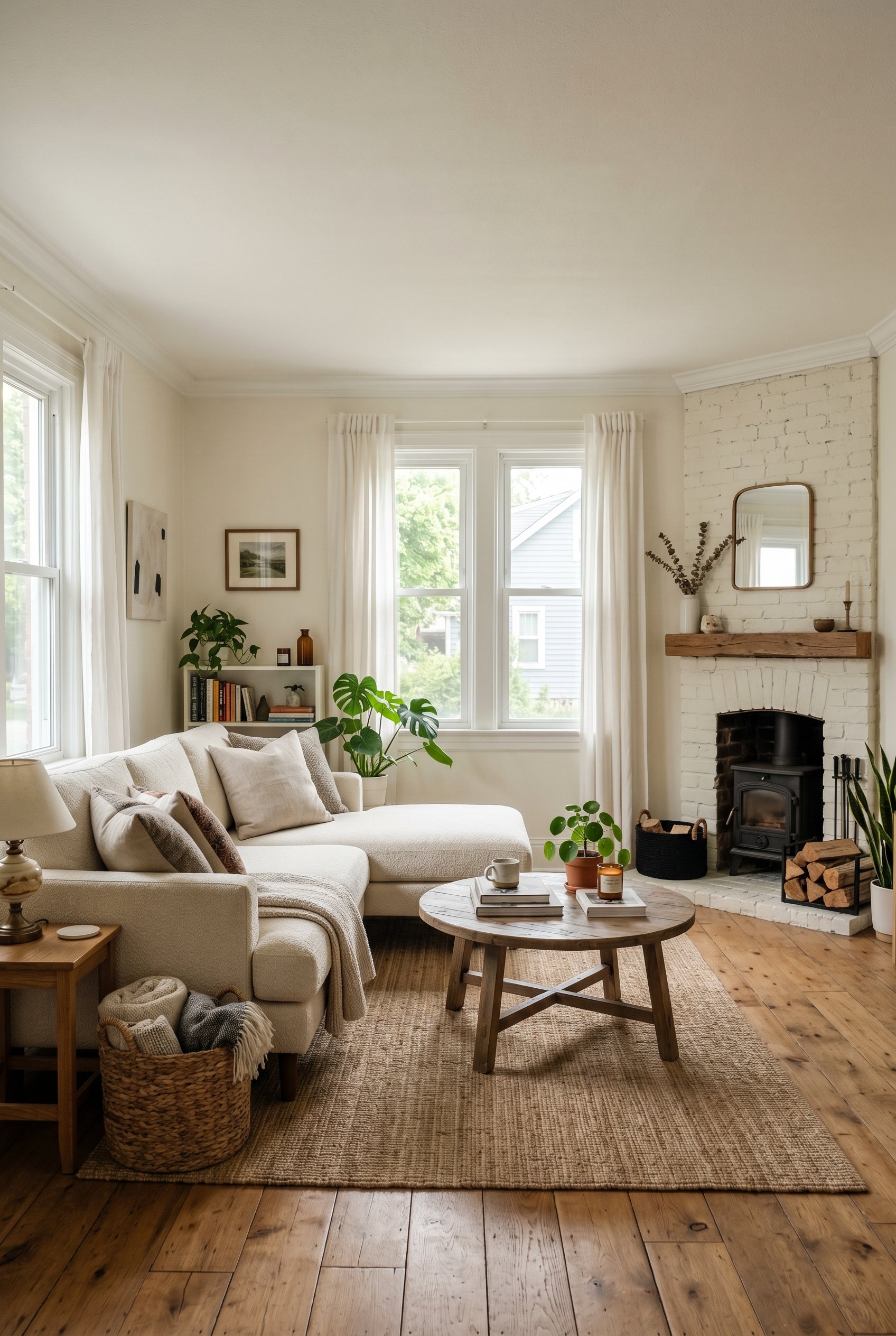 Photorealistic interior photo. Living room with a quirky corner fireplace, a cream sectional placed off-center against the opposite wall to balance the room. Editorial photography style, soft natural 