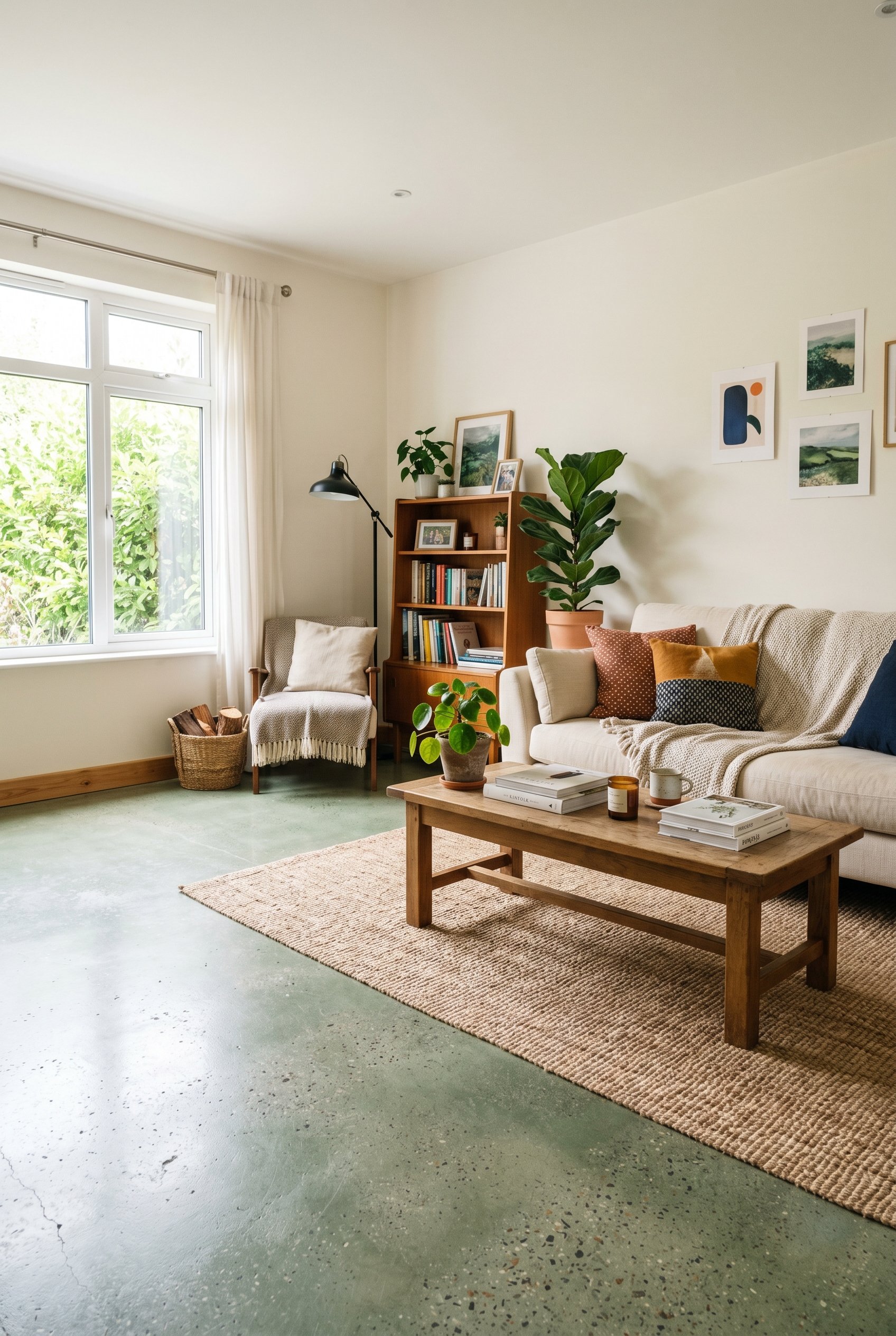 Photorealistic interior photo. Living room with a sage green tinted acrylic sealed concrete floor, semi-transparent color showing concrete texture underneath, bright airy space. Editorial photography