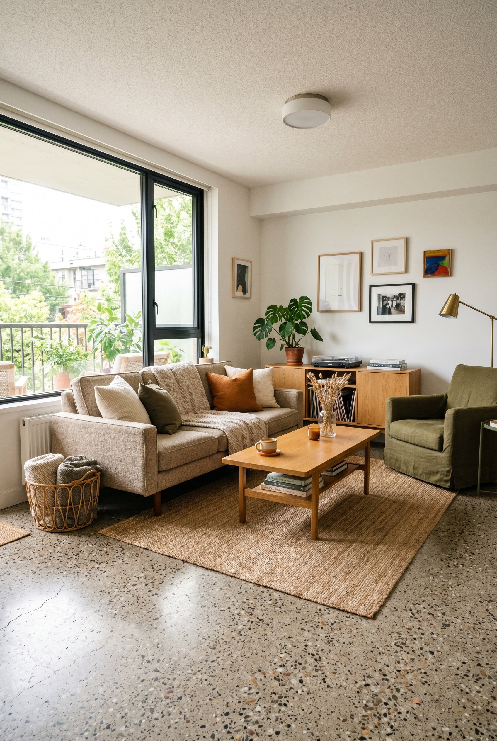 Photorealistic interior photo. Living room with exposed aggregate terrazzo-style ground concrete floor, visible small crushed stones and pebbles, sleek modern furniture, bright natural light. Editoria
