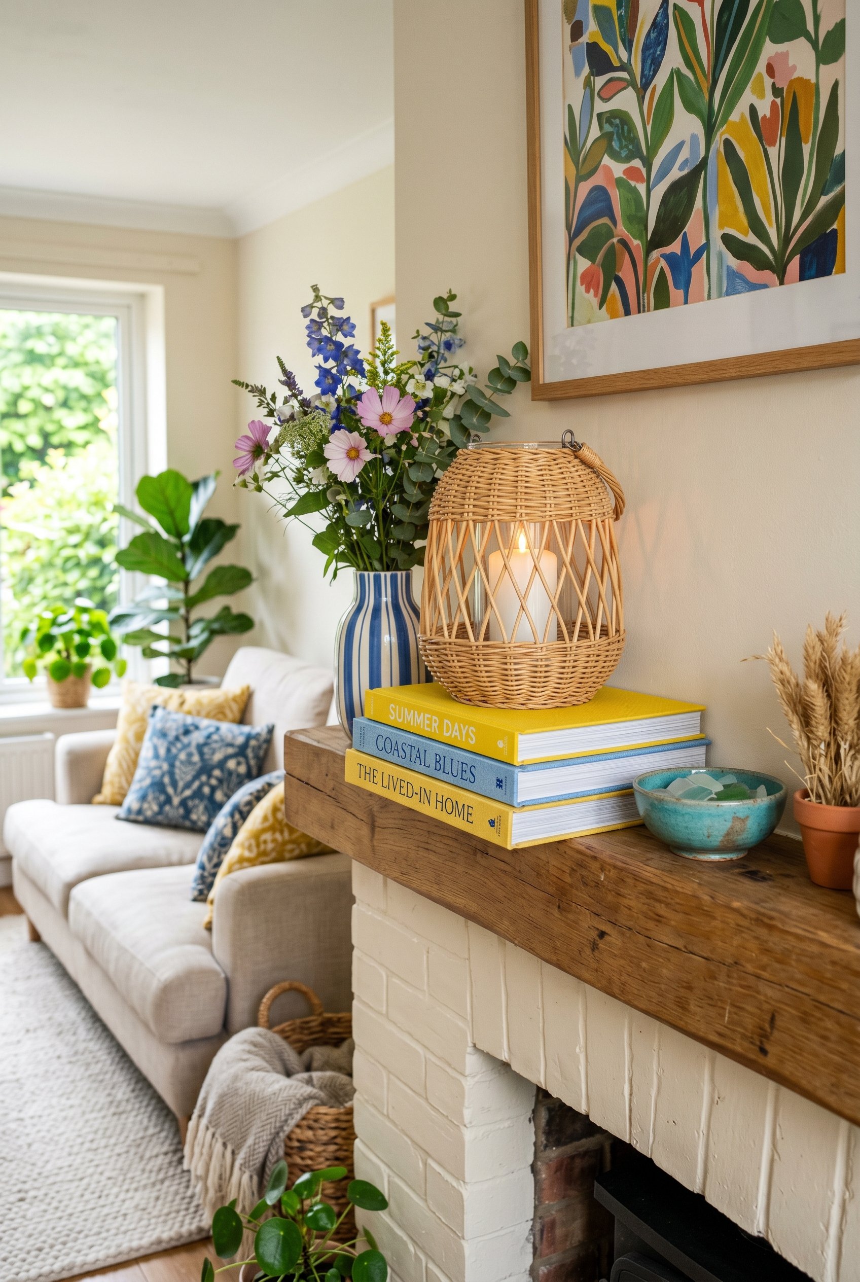 Photorealistic interior photo. Mantel decor featuring three bright yellow and blue linen-covered books stacked as a riser, with a woven rattan hurricane lantern resting on top. Colorful, textured summ