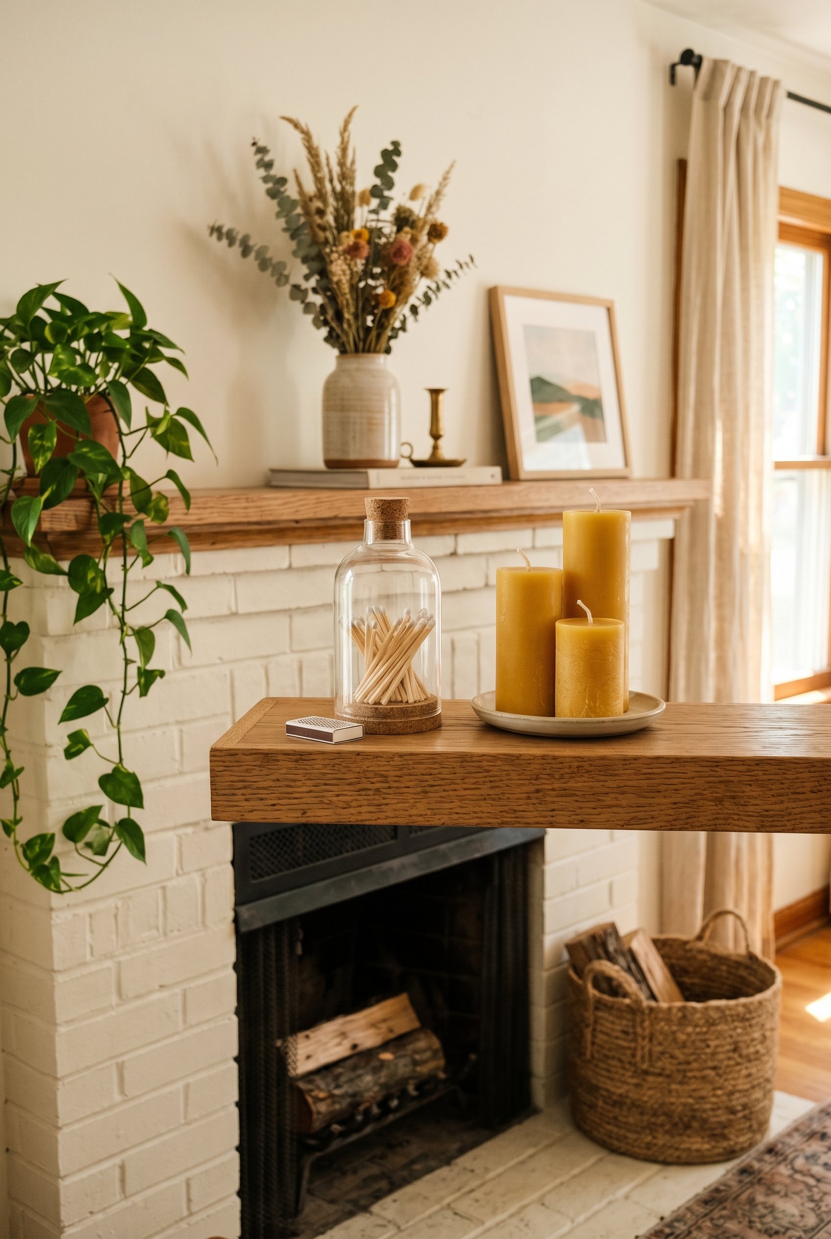 Photorealistic interior photo. Mantel styling detail showing a beautiful clear glass match cloche with a strike pad, sitting next to a cluster of raw yellow beeswax pillar candles. Warm, inviting summ