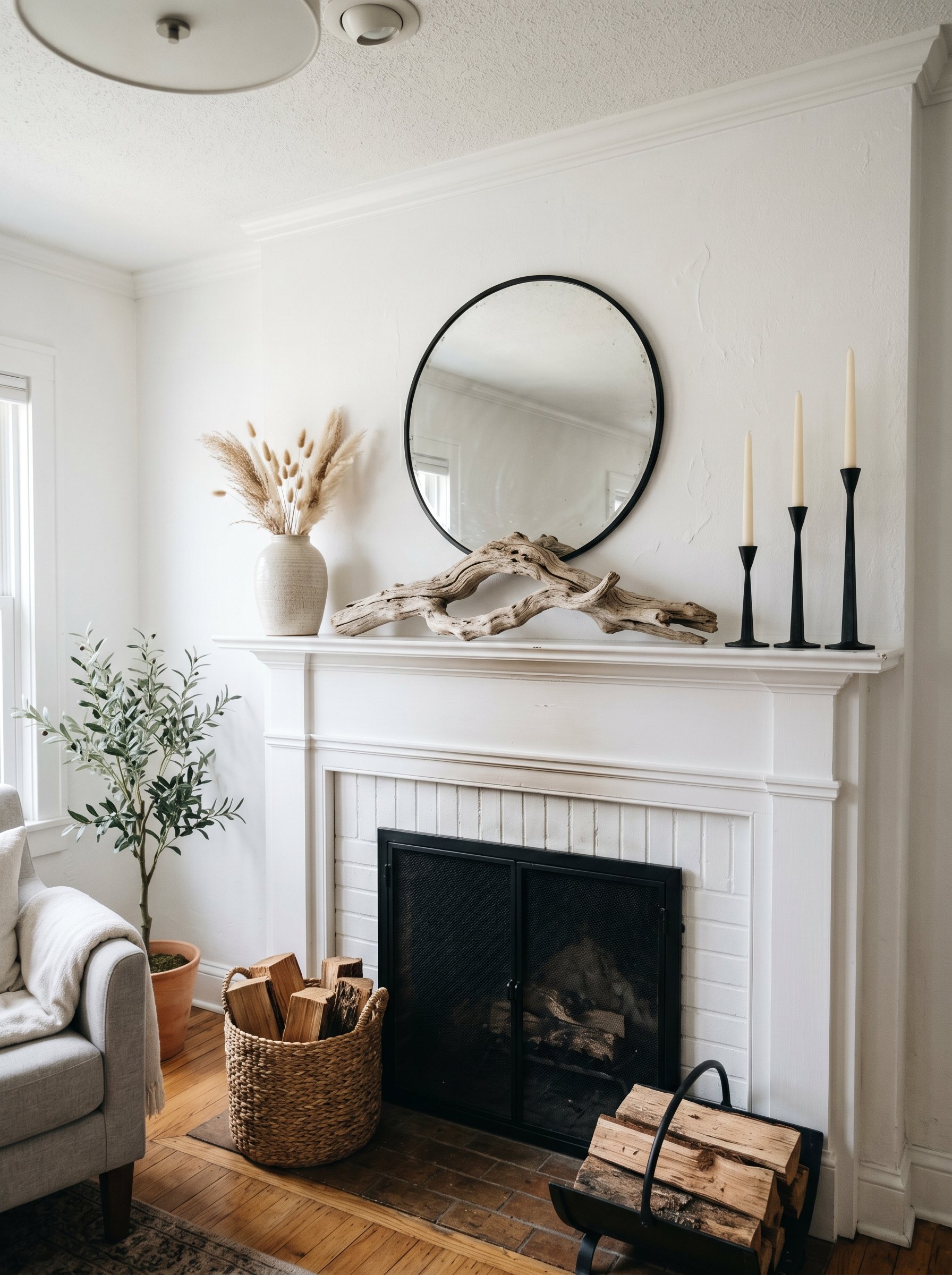 Photorealistic interior photo. Mantel styling showing a bleached, organic driftwood branch sitting next to sharp, industrial black iron taper candlesticks. Modern coastal meets industrial aesthetic. B