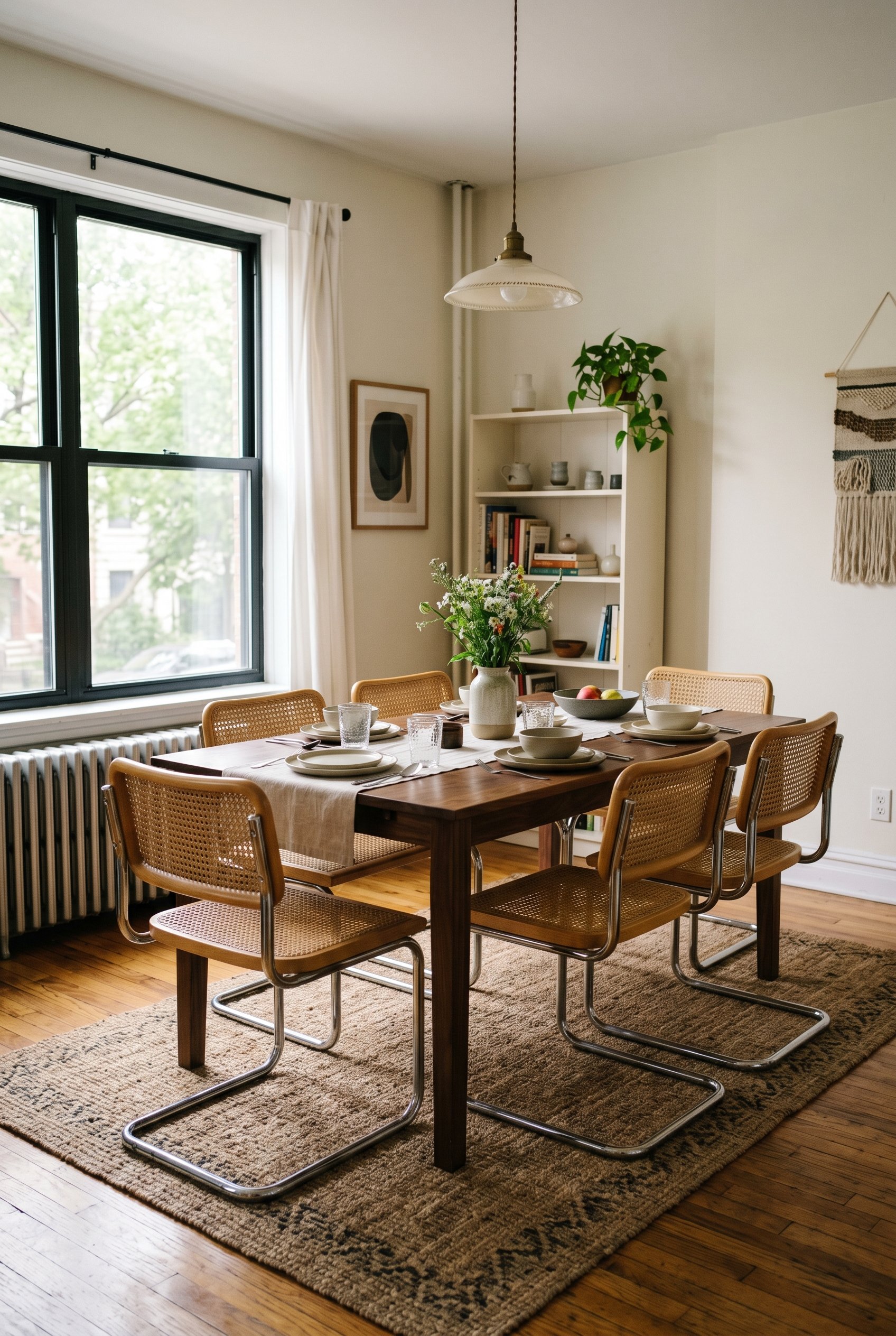 Photorealistic interior photo. Marcel Breuer Cesca chairs with chrome frames and cane backs surrounding a solid walnut dining table, bright airy room, natural lighting, eye-level camera angle. Editori