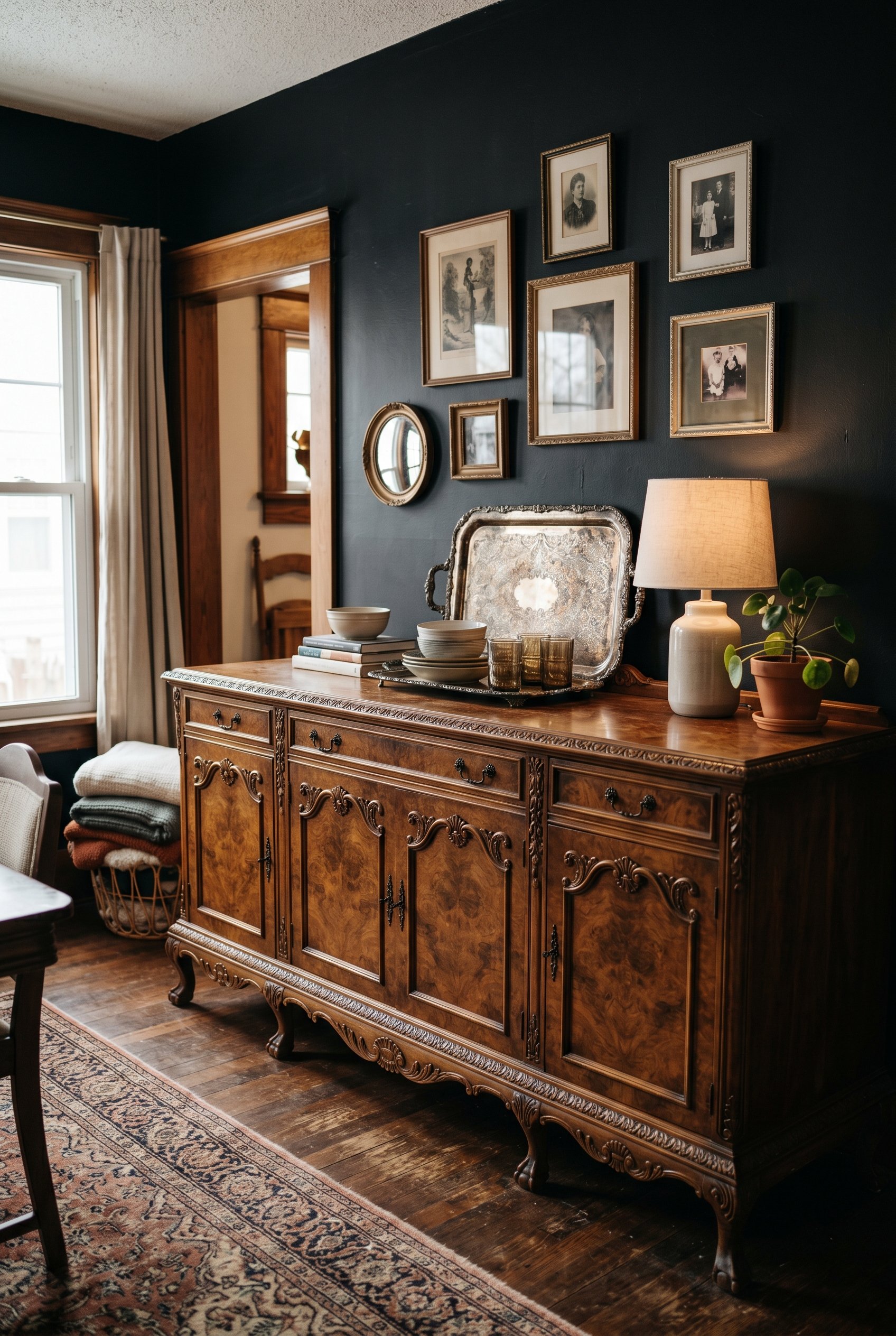 Photorealistic interior photo. Massive antique burl wood dining buffet table with intricate carvings. Matte black wall in the background. A tarnished silver tray rests on top. Editorial photography st