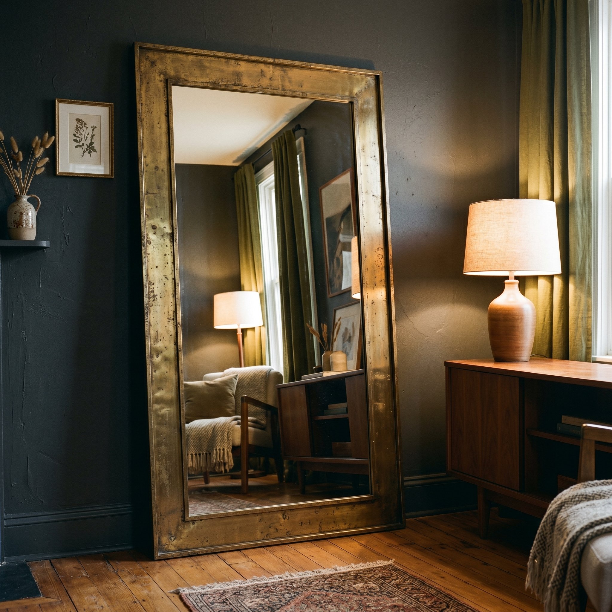 Photorealistic interior photo. Massive antiqued brass floor mirror leaning against a charcoal wall, reflecting a warm table lamp, dramatic shadows, straight-on camera angle. Editorial photography styl