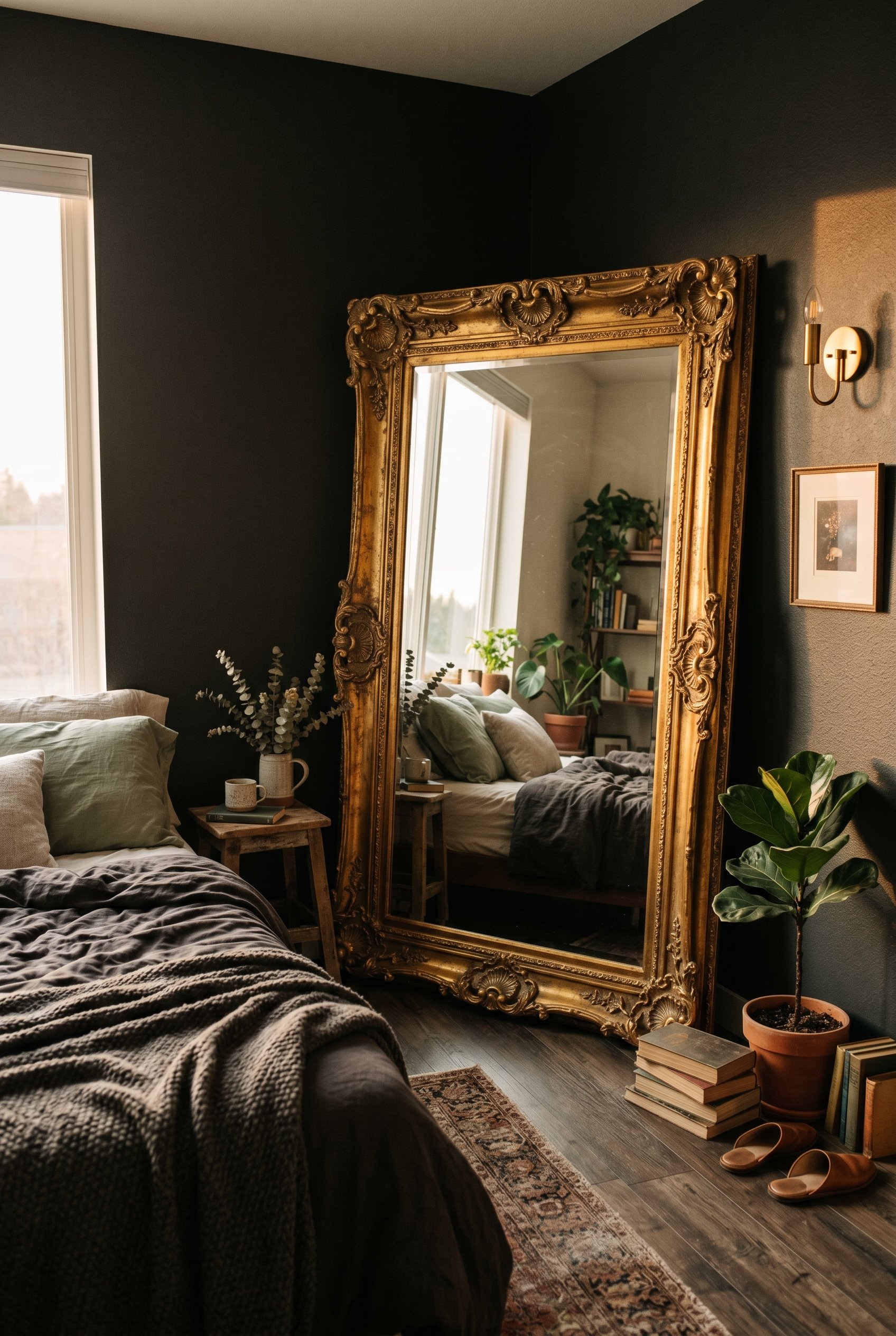 Photorealistic interior photo. Massive ornate gold leaner mirror resting against a dark moody wall in a bedroom corner. Golden hour lighting, editorial photography style, no people visible.