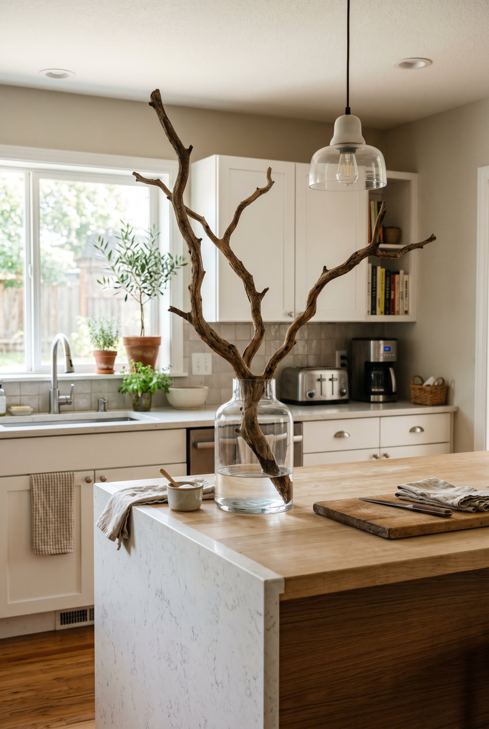 Photorealistic interior photo. Massive sculptural tree branch in a heavy glass vase on a minimalist kitchen island. Bright natural light, editorial photography style, no people visible.