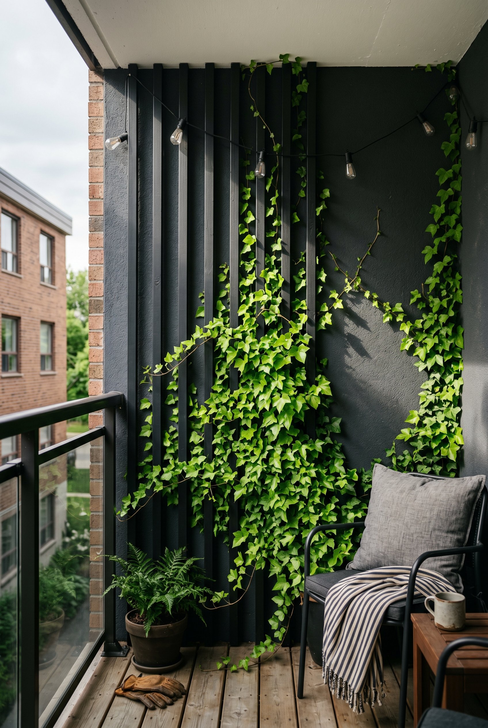 Photorealistic interior photo. Matte black painted vertical wood slats mounted against a dark charcoal balcony wall in a shady corner. Bright green English ivy climbing the slats. Moody, dramatic ligh