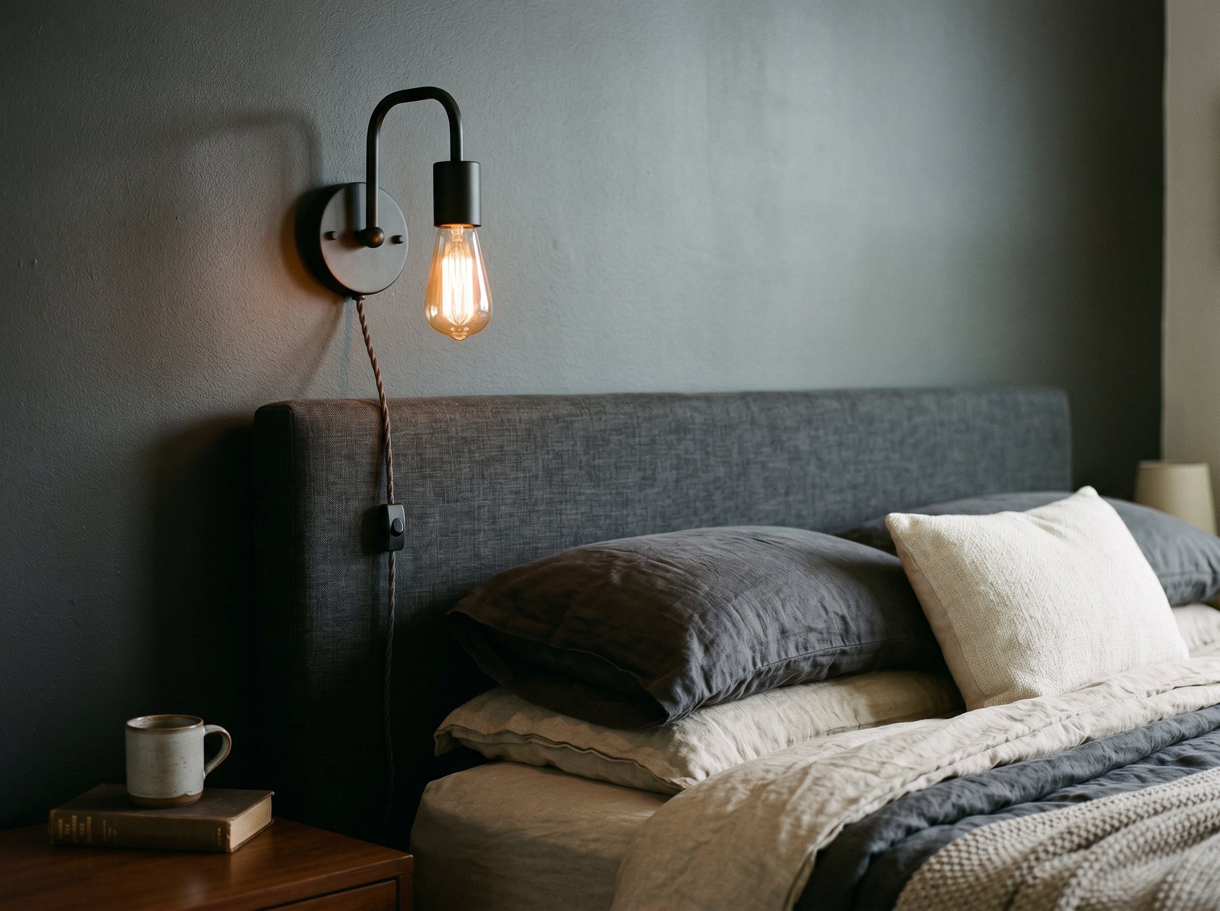 Photorealistic interior photo. Matte black plug-in sconce with exposed fabric cord mounted above a dark linen bed headboard, amber light bulb, close-up camera angle. Editorial photography style, no pe