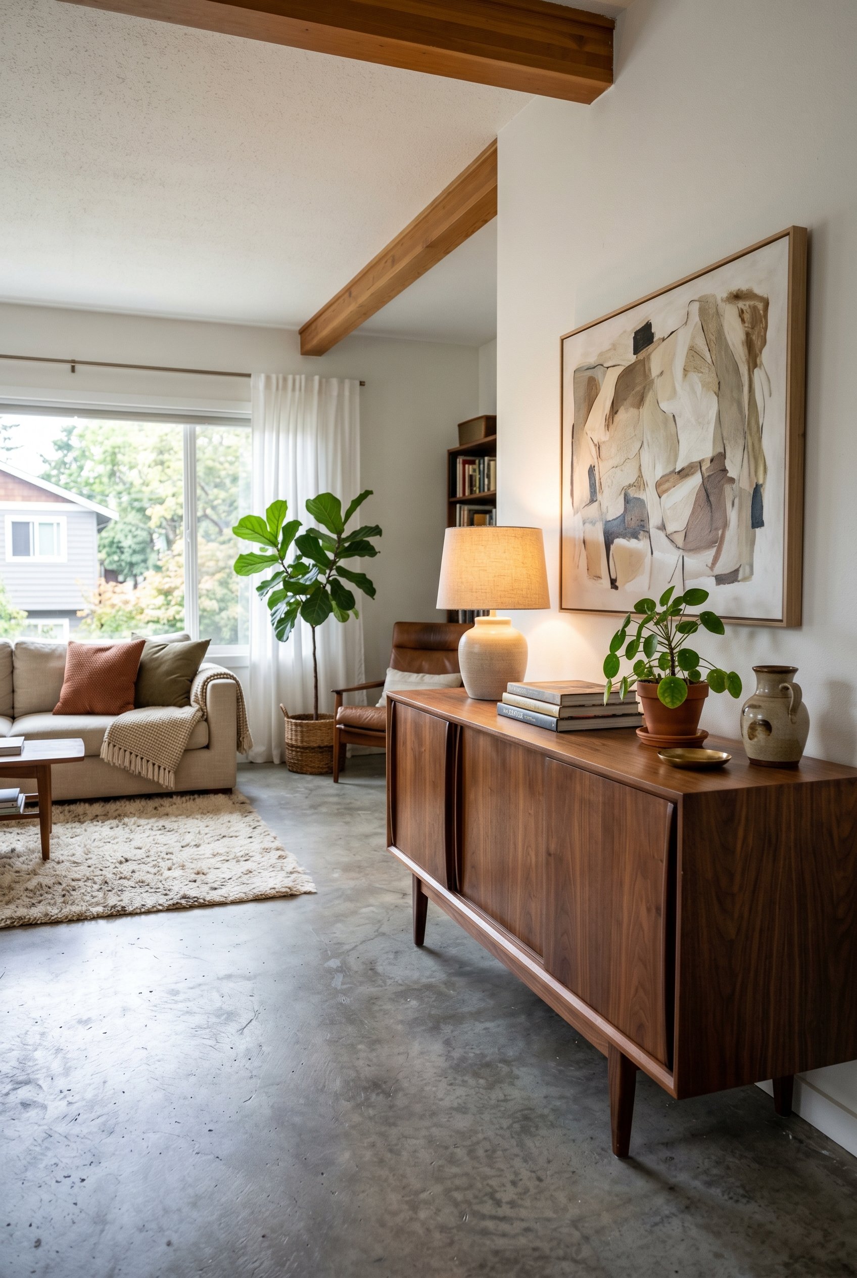 Photorealistic interior photo. Matte gray concrete living room floor contrasted with a large rich mid-century modern walnut wood credenza, warm tones against cool flooring. Editorial photography style