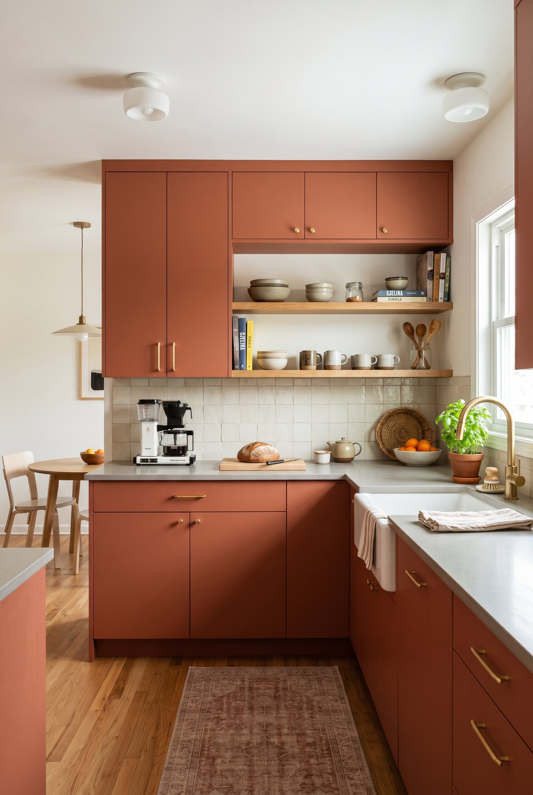 Photorealistic interior photo. Matte terracotta-colored high-pressure laminate kitchen cabinets, flat modern fronts, bright overhead light, straight-on camera angle. Editorial photography style, no pe