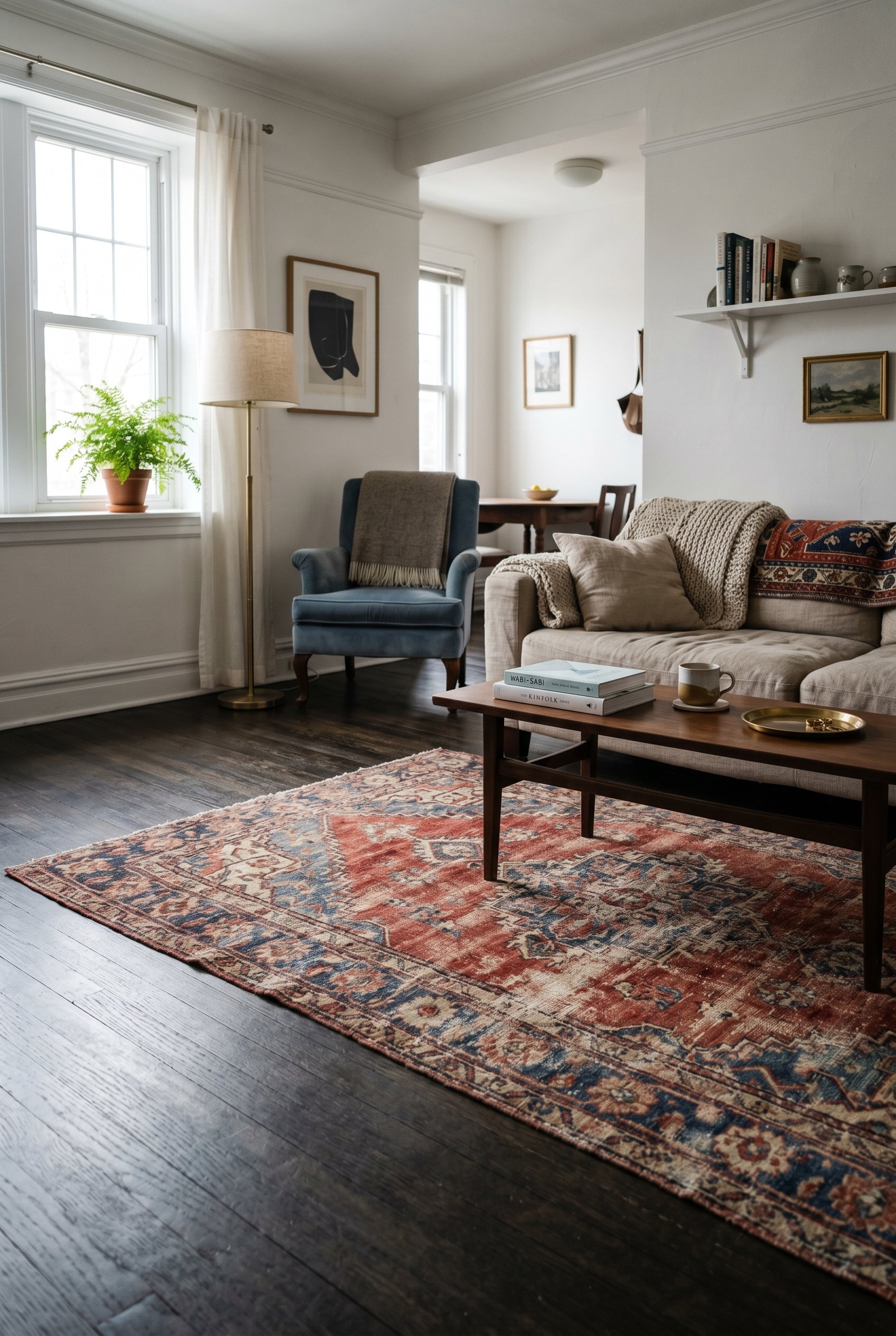 Photorealistic interior photo. Matte wire-brushed dark hardwood floor partially covered by a vintage Turkish rug in faded reds and blues, soft daylight, low camera angle. Editorial photography style, 