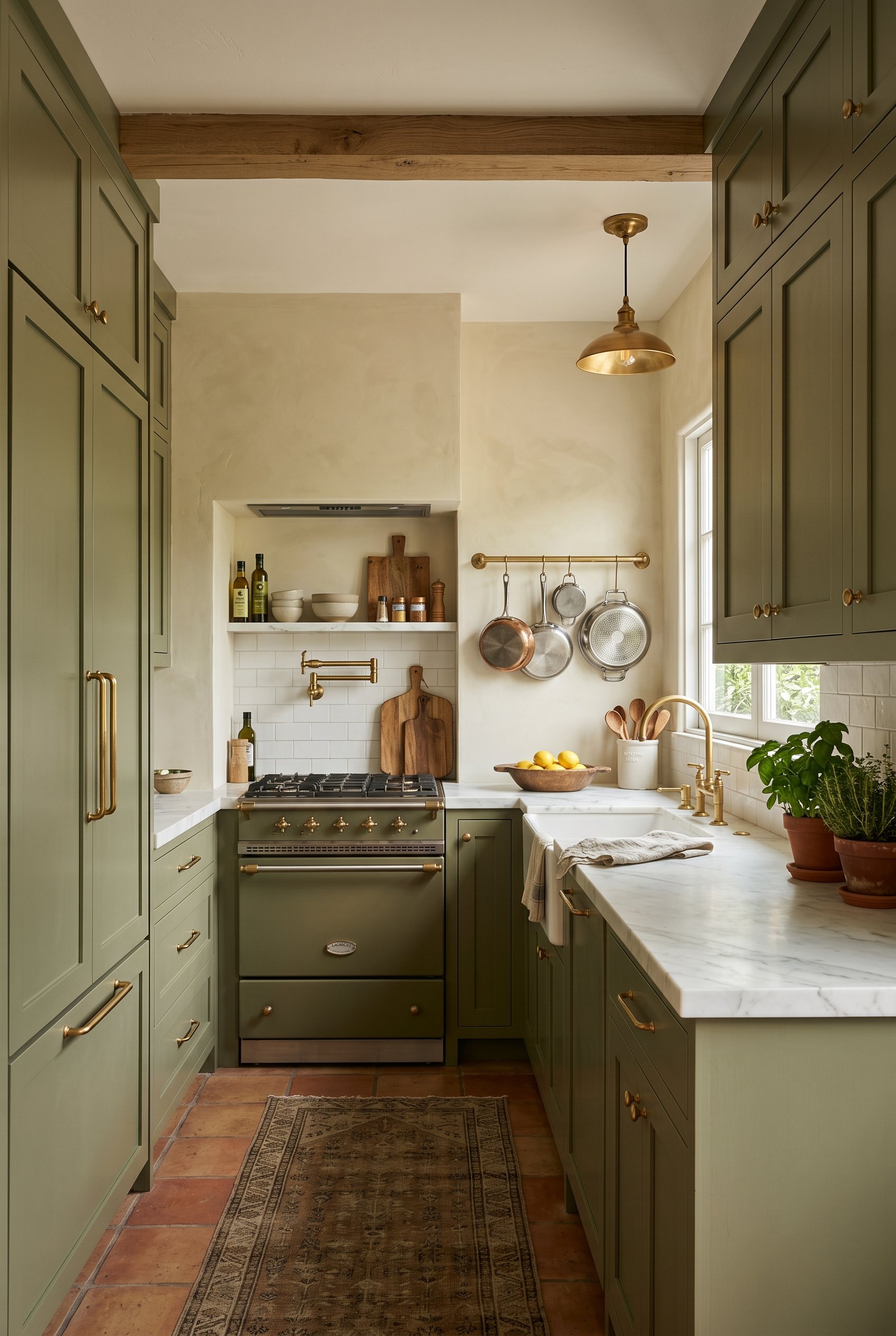 Photorealistic interior photo. Mediterranean kitchen cabinets in dusty olive green, featuring a panel-ready refrigerator that blends seamlessly into the cabinetry, unlacquered brass handles. Editorial