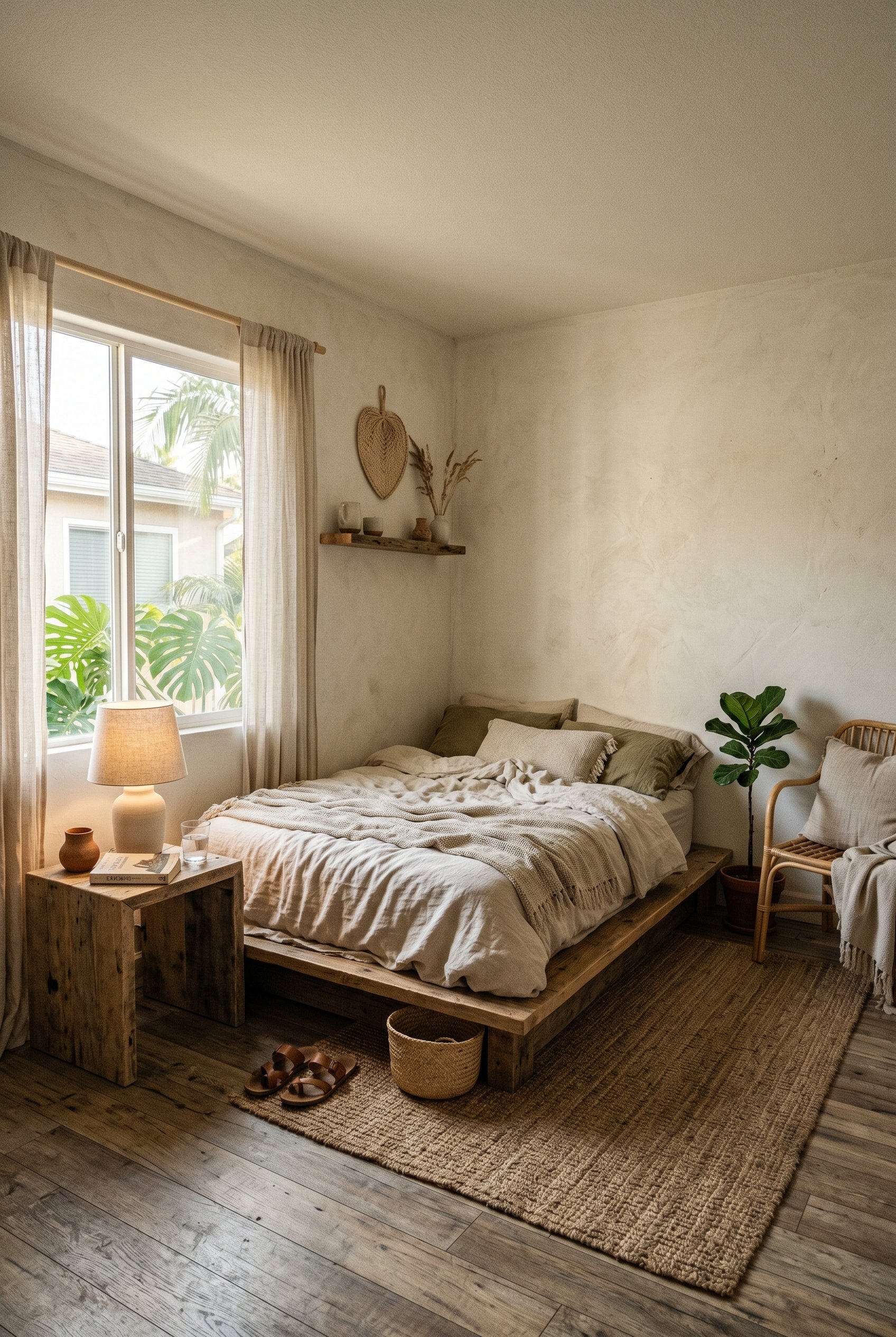 Photorealistic interior photo. Minimalist bedroom, Tulum style, lime wash off-white plaster walls, raw unpolished wood nightstand, low profile platform bed. Editorial photography style, soft natural s