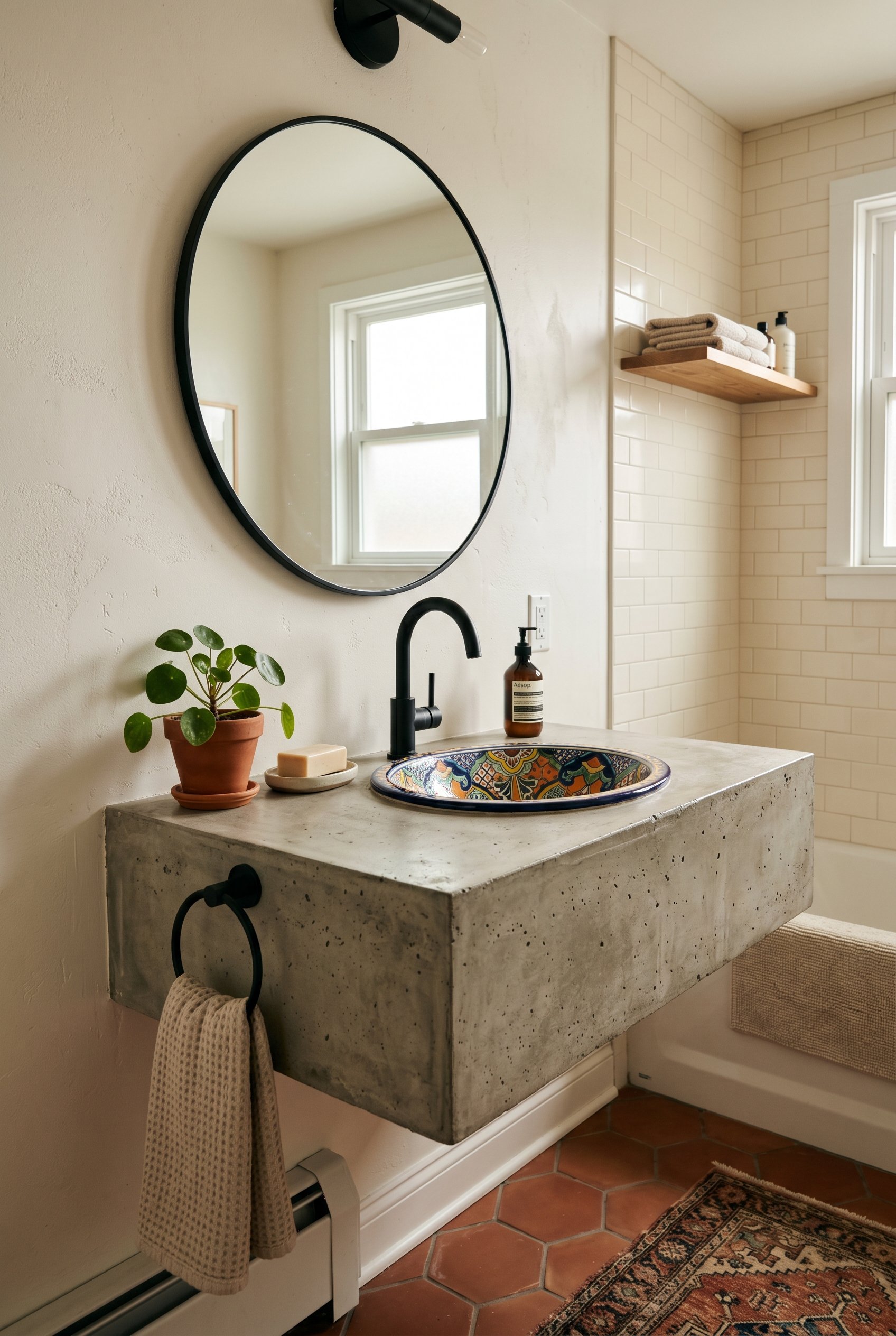 Photorealistic interior photo. Minimalist poured-concrete bathroom vanity featuring a drop-in hand-painted colorful Talavera ceramic sink basin. Modern black matte faucet. Editorial photography style,