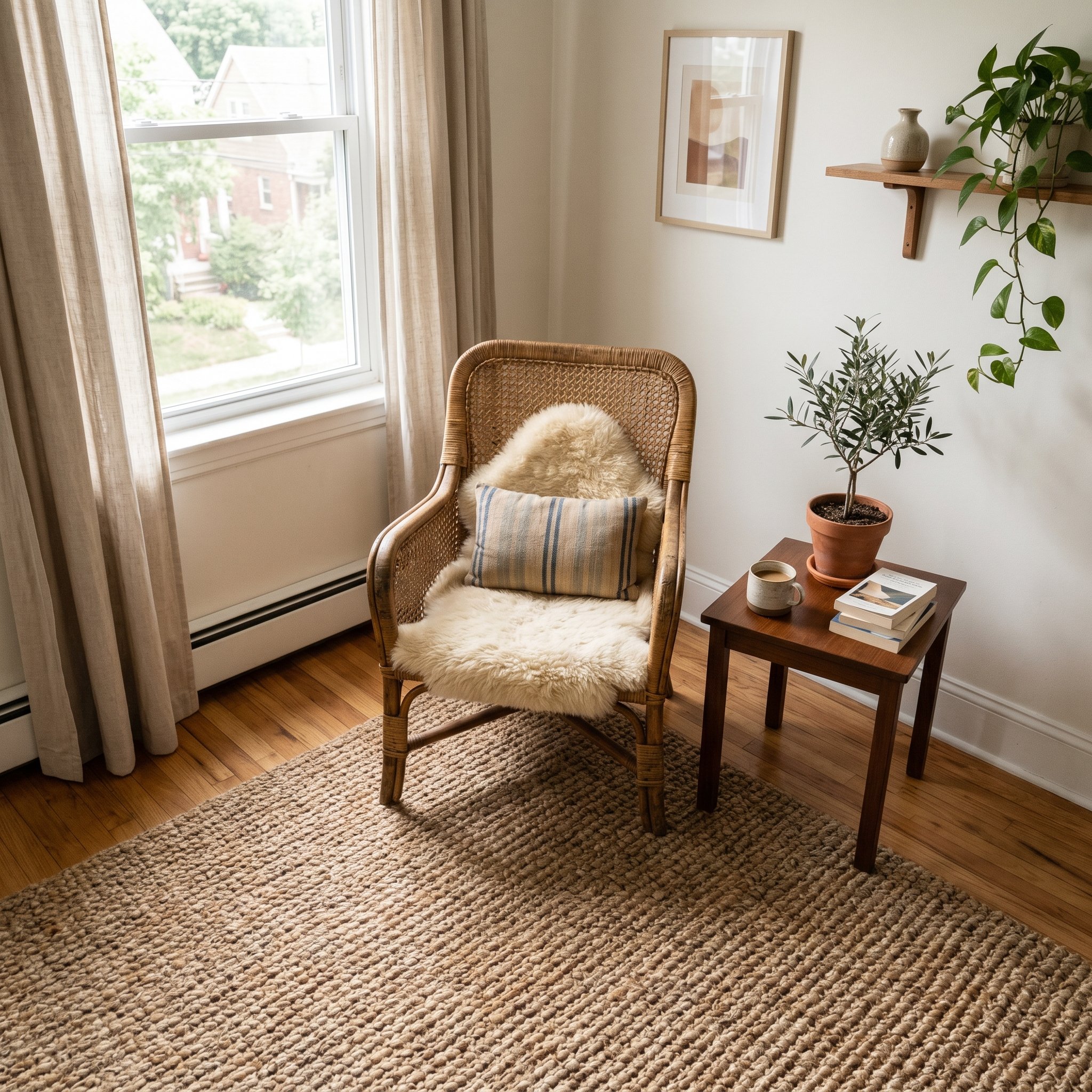 Photorealistic interior photo. Mix of a chunky natural jute rug and a vintage woven cane chair, minimalist styling, bright natural lighting, high angle shot. Editorial photography style, no people vis