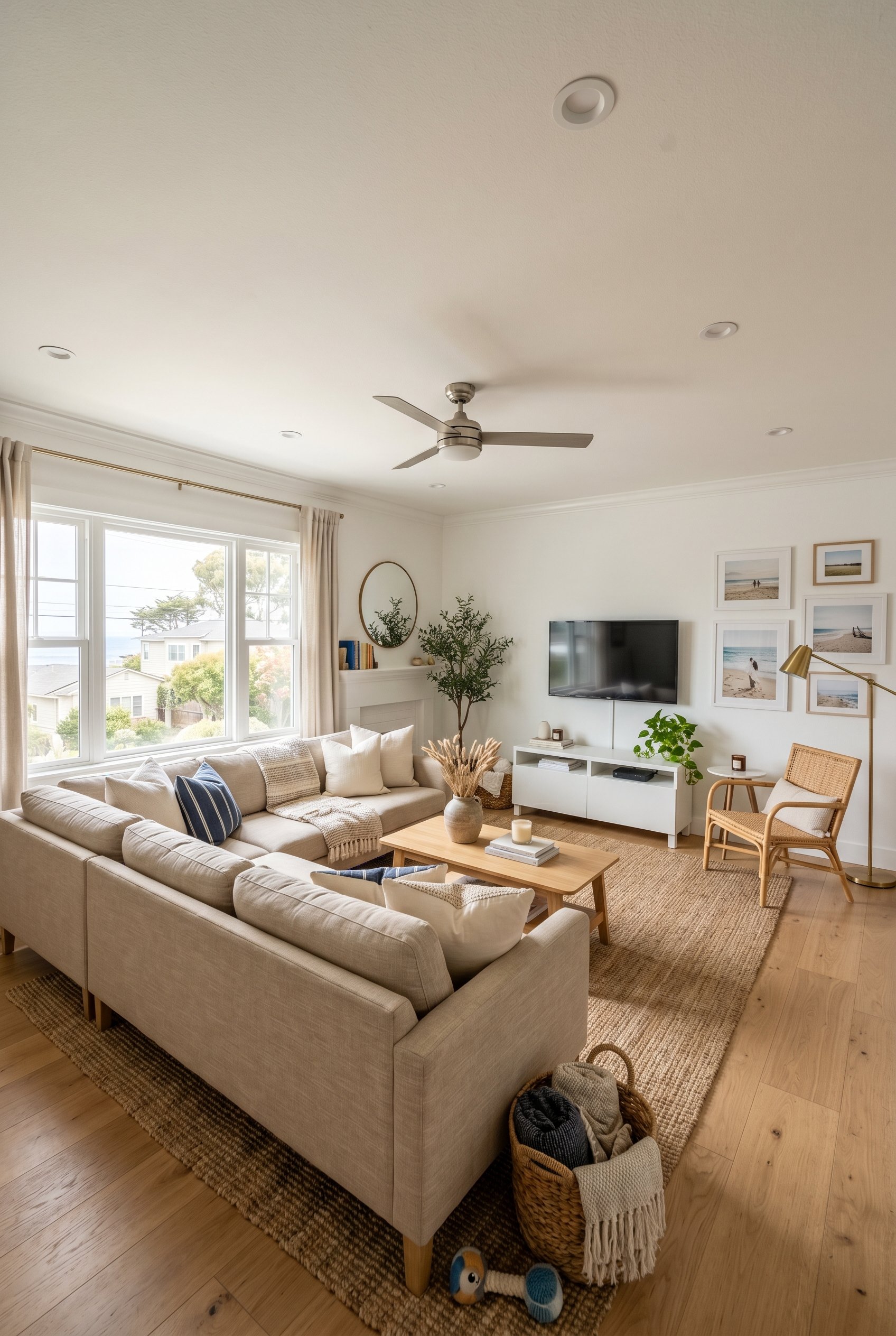 Photorealistic interior photo. Modern coastal living room, crisp white walls, sandy beige linen sofa, bright natural lighting, wide angle shot. Editorial photography style, no people visible.