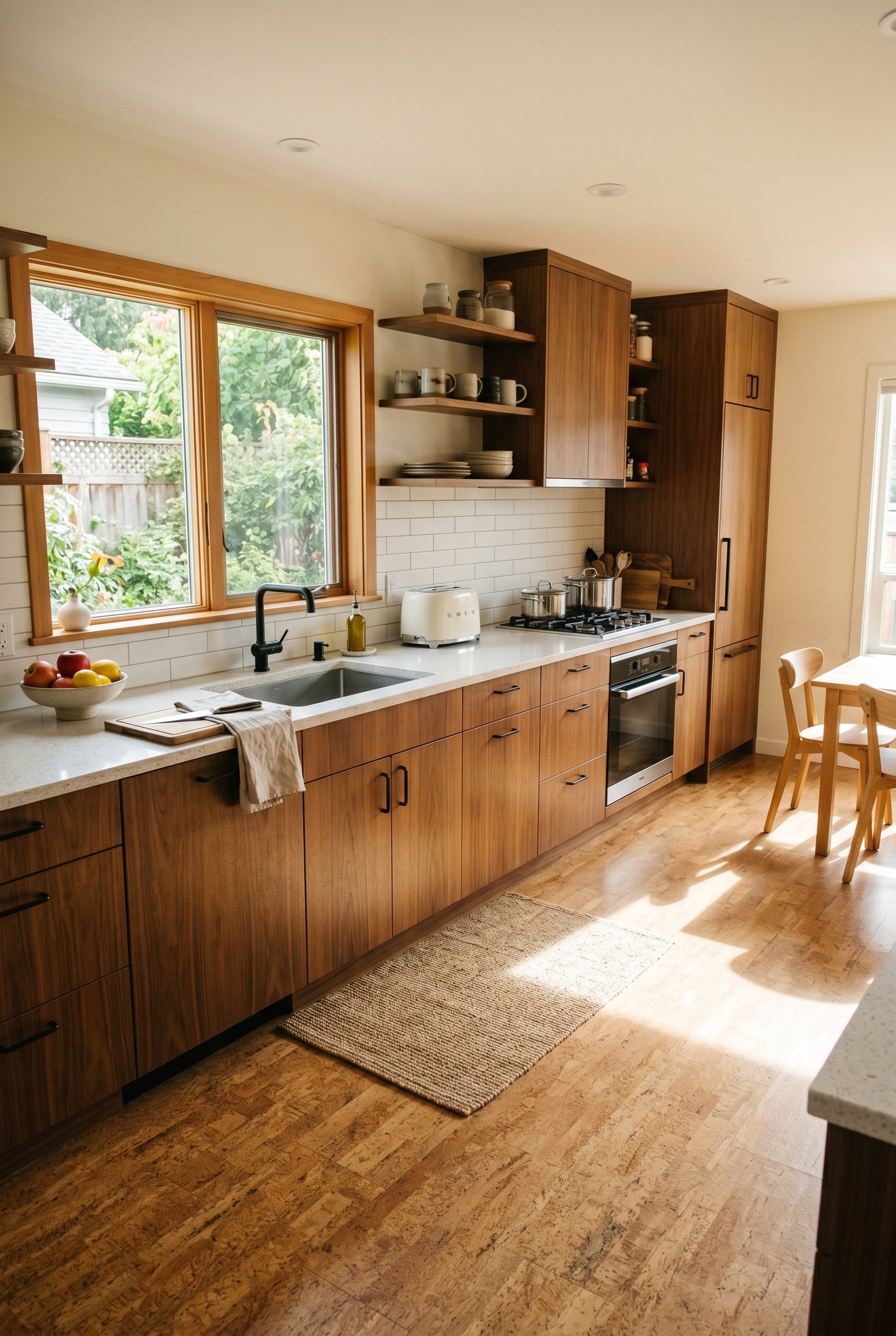 Photorealistic interior photo. Modern kitchen featuring warm sustainable cork flooring, flat panel wood cabinets, natural sunlight streaming across the floor. Editorial photography style, no people vi
