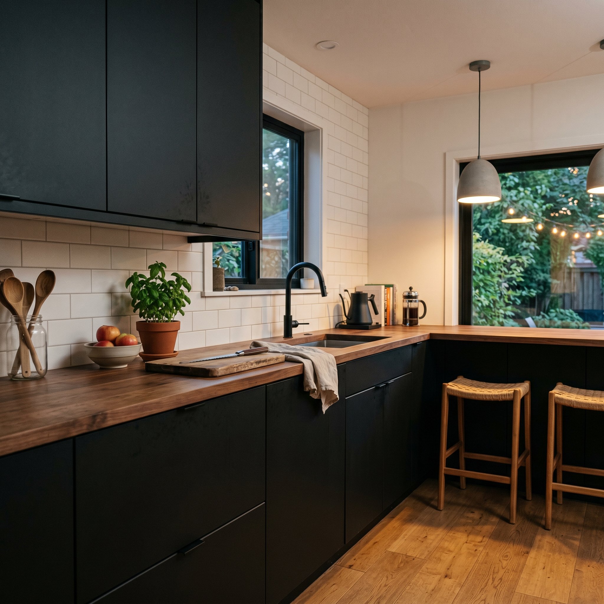 Photorealistic interior photo. Modern kitchen, matte black flat-panel cabinets with smudge-proof finish, soft ambient lighting, low camera angle. Editorial photography style, no people visible.