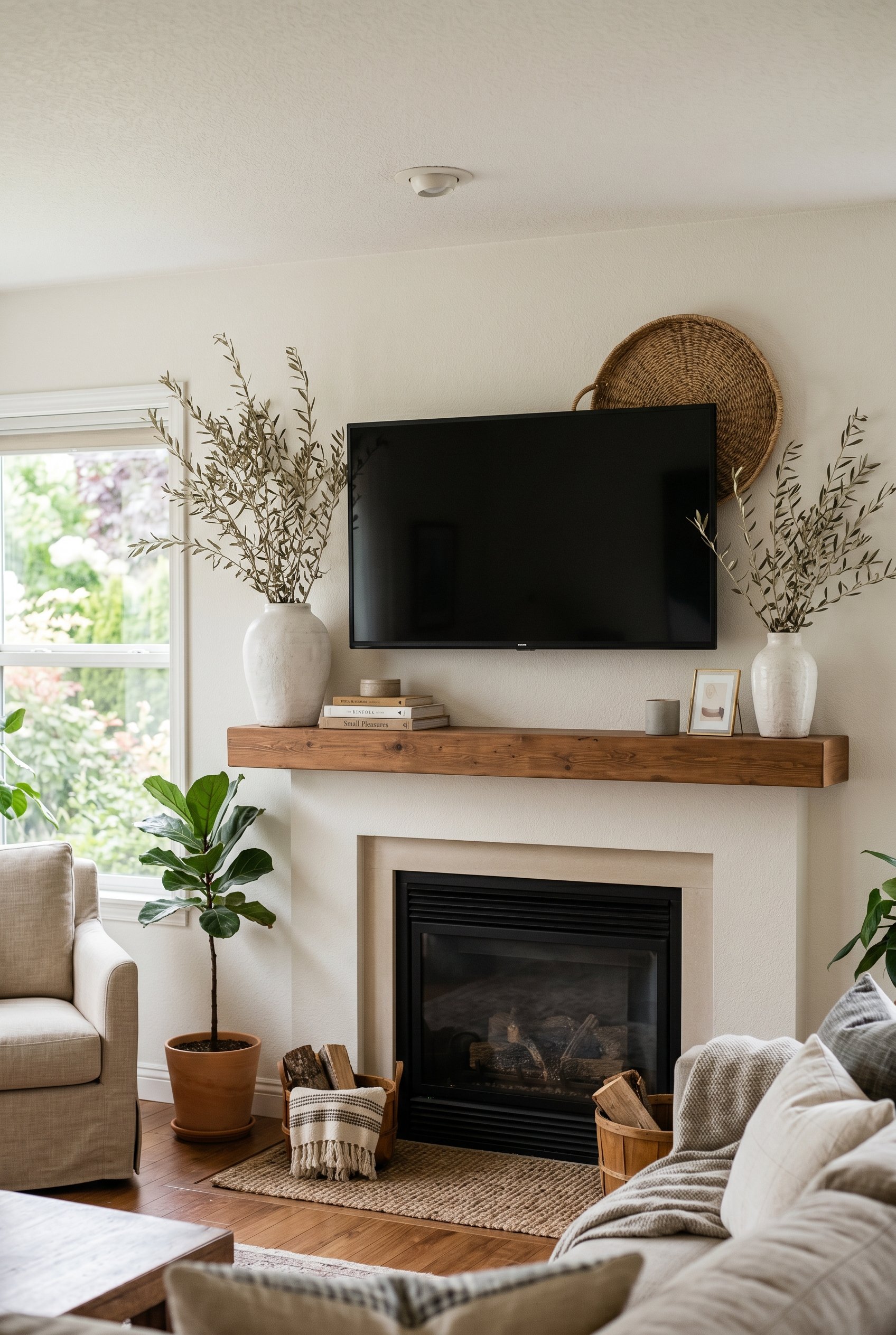 Photorealistic interior photo. Modern living room mantel with a black flat-screen TV mounted above. Flanked by tall dried olive branches in textured white ceramic vases. A woven seagrass tray leans su