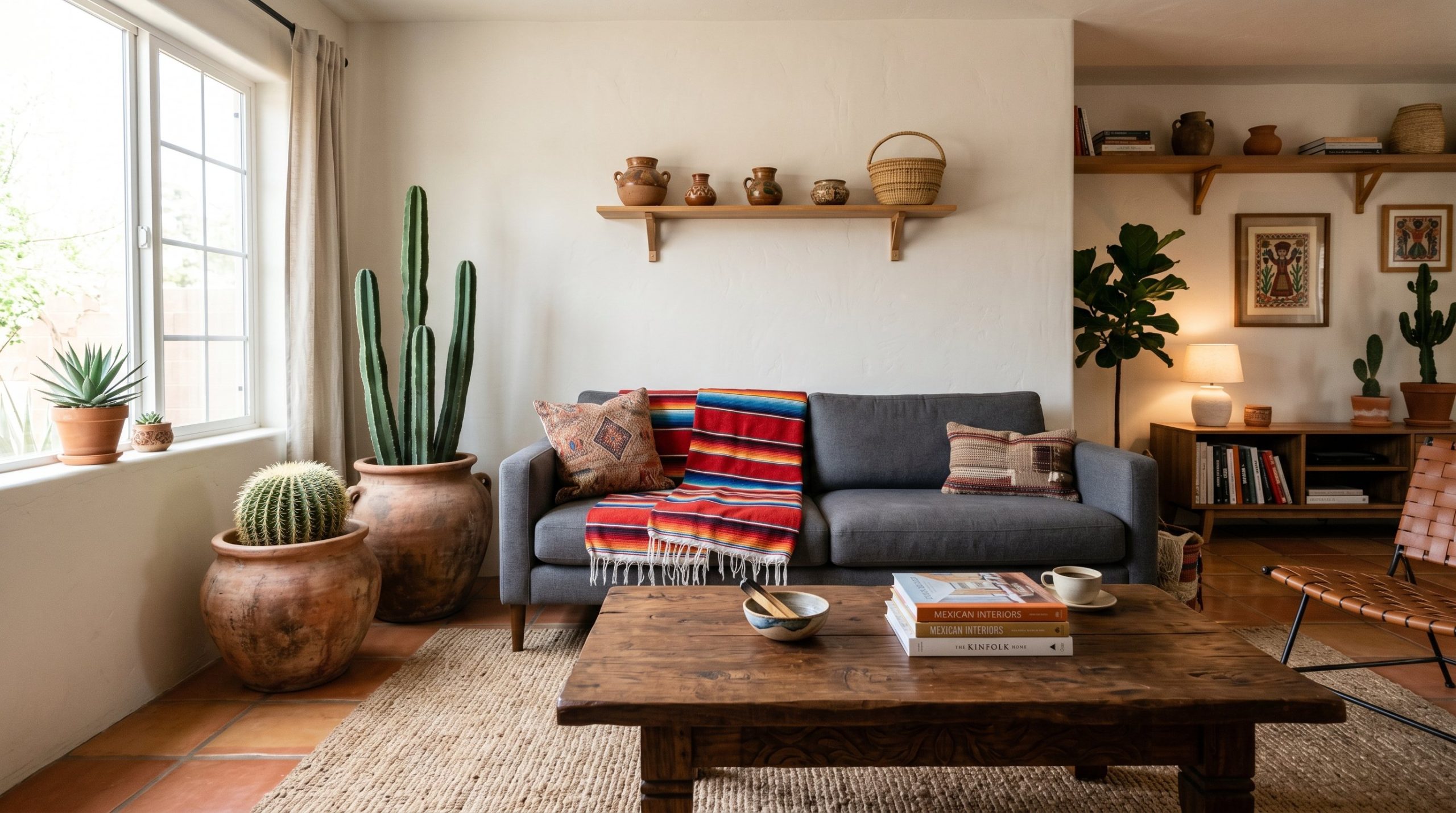 Photorealistic interior photo. Modern living room mixing traditional authentic Mexican design elements. A vintage woven Zarape blanket draped on a sleek modern sofa, large raw terracotta pots with arc