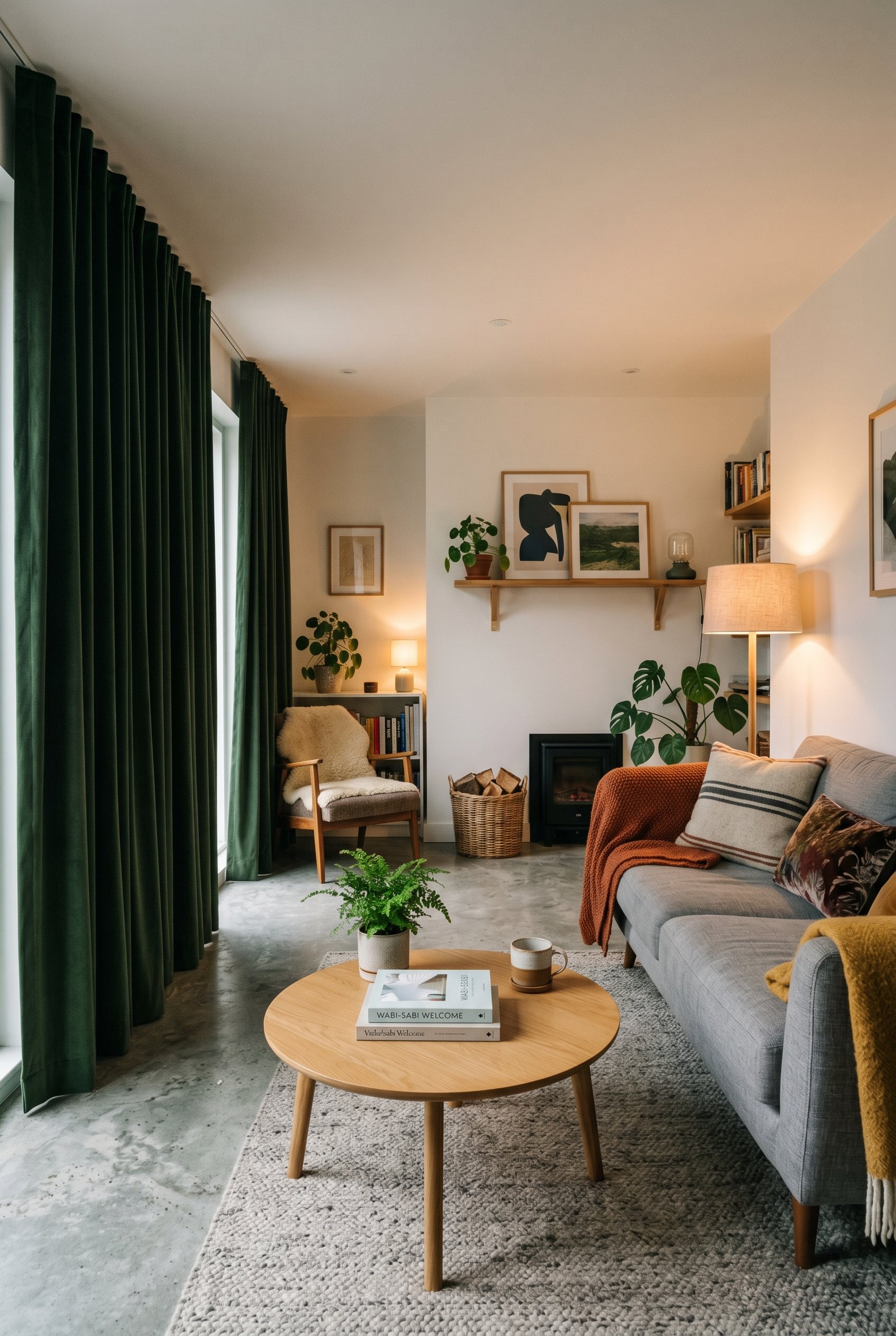 Photorealistic interior photo. Modern living room with raw concrete floor and heavy floor-to-ceiling velvet blackout curtains covering a large window, warm side lighting. Editorial photography style,