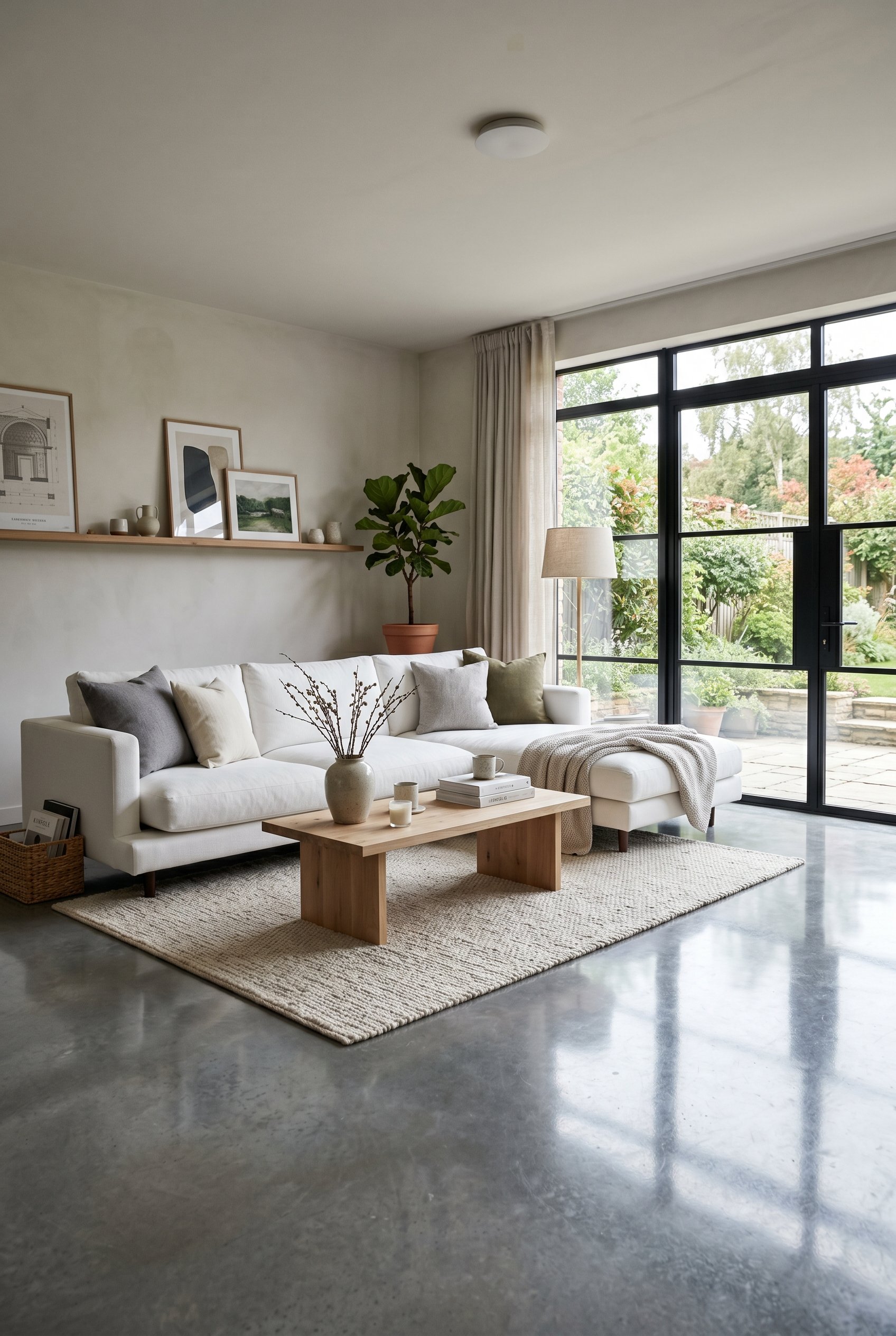 Photorealistic interior photo. Modern minimalist living room, highly polished glossy gray concrete floor reflecting light, low-profile white sectional sofa, large floor-to-ceiling windows. Editorial p