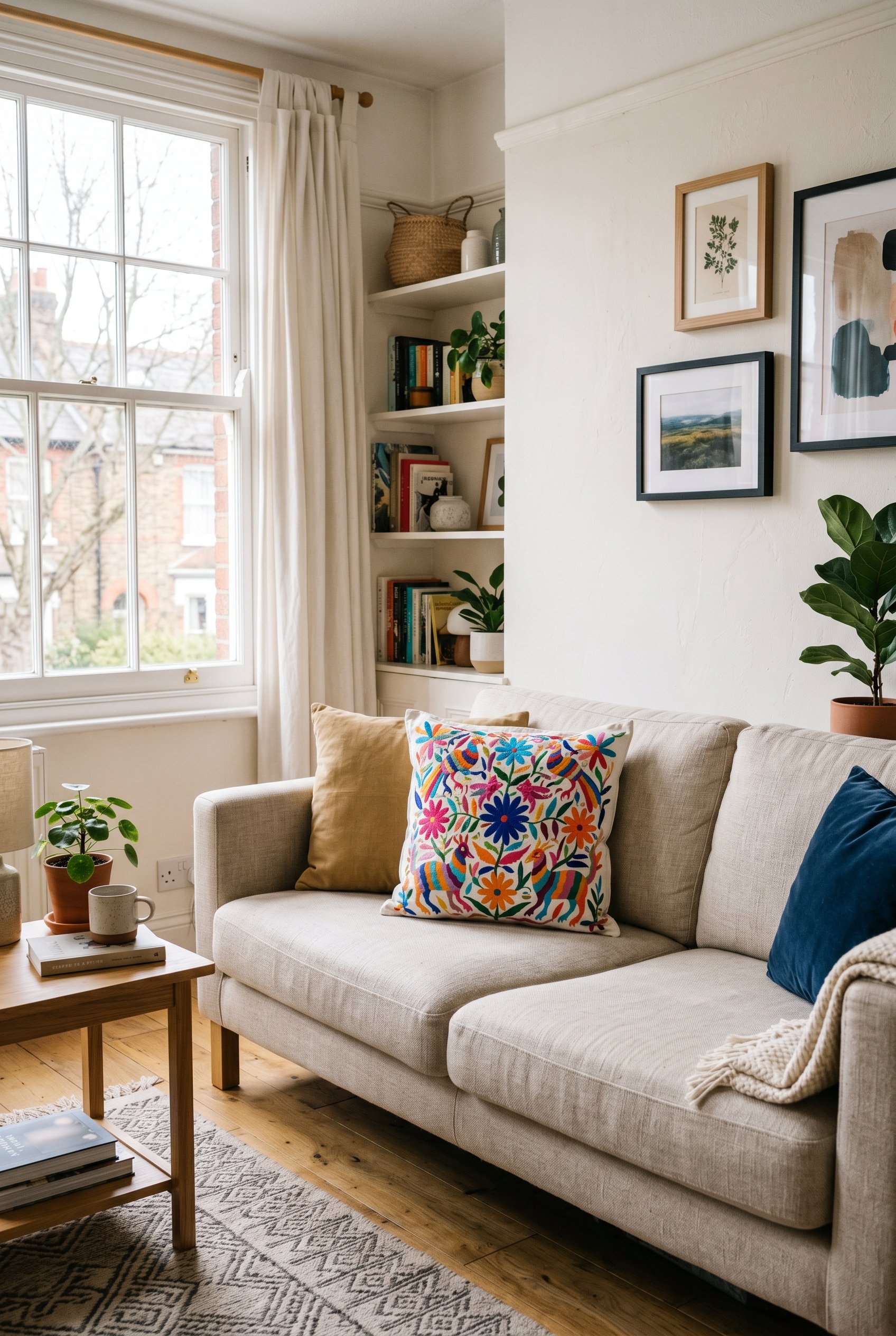 Photorealistic interior photo. Modern neutral sofa with a single bright, colorful Mexican Otomi embroidered pillow. Clean lines, bright living room, editorial photography style, no people visible.