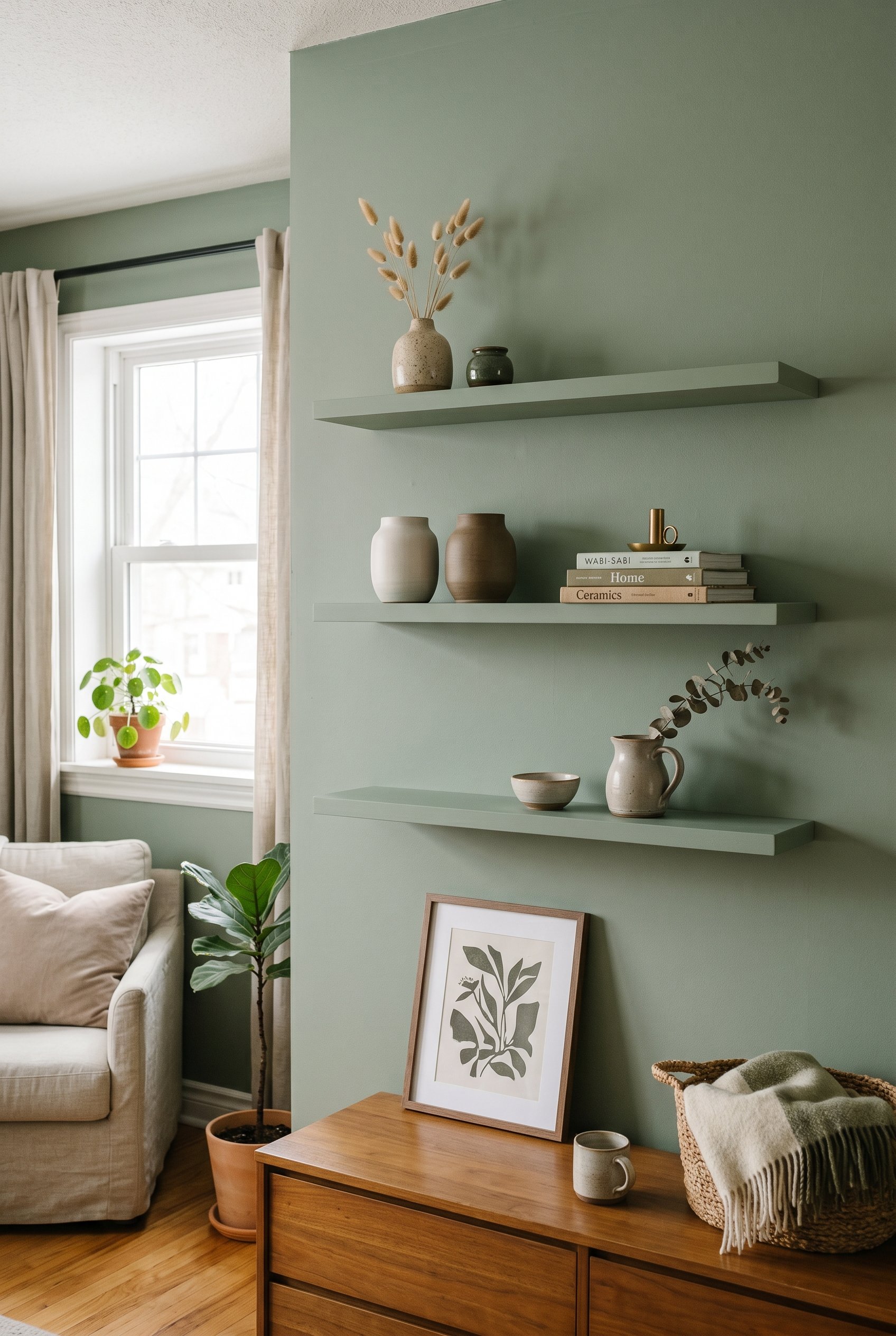 Photorealistic interior photo. Monochromatic sage green floating shelves painted the exact same color as the surrounding wall, styled with minimal ceramics. Editorial photography style, no people visi