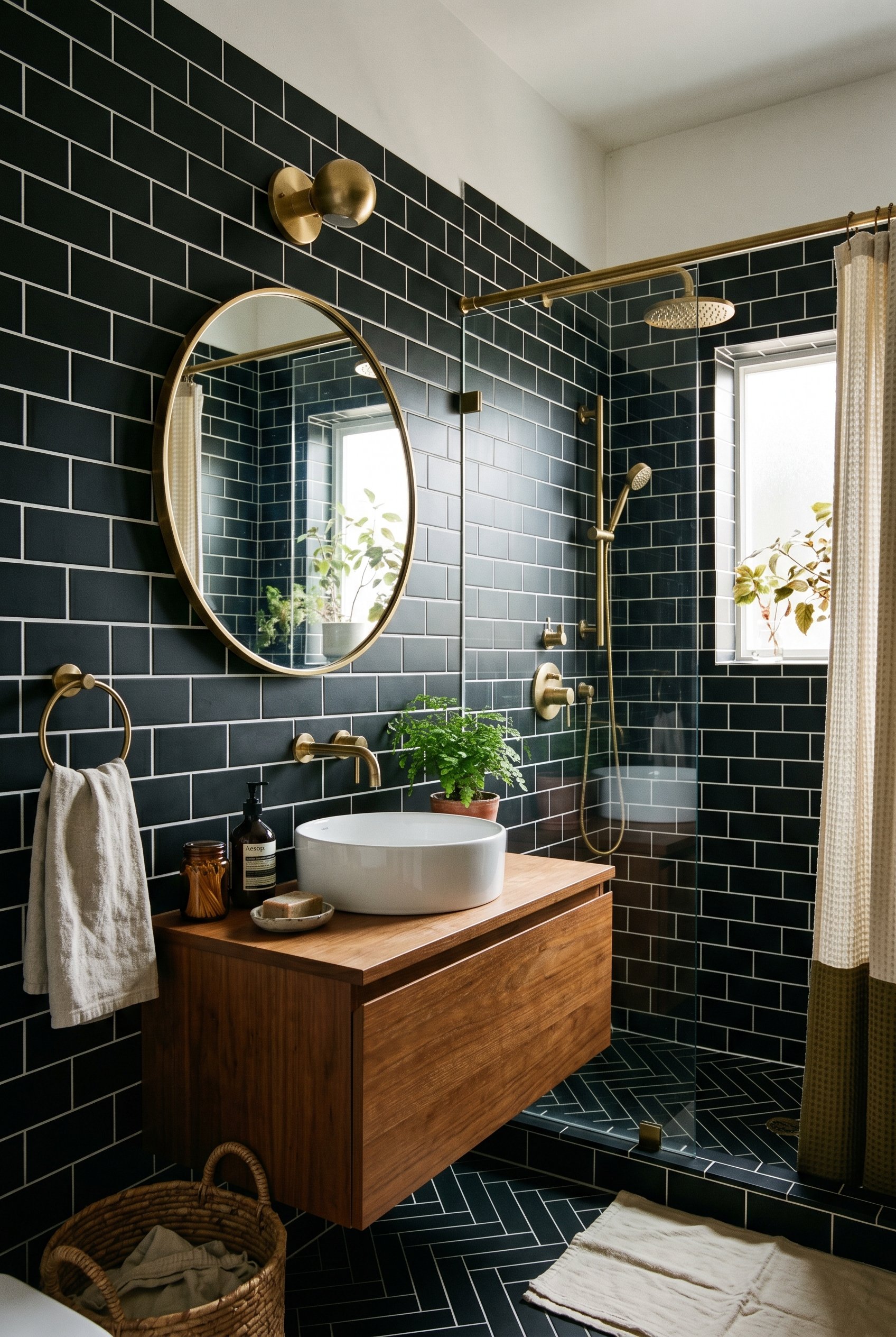 Photorealistic interior photo. Moody bathroom featuring black matte porcelain subway tile with bright high-contrast white grout in a brick pattern, minimalist brass fixtures. Editorial photography sty