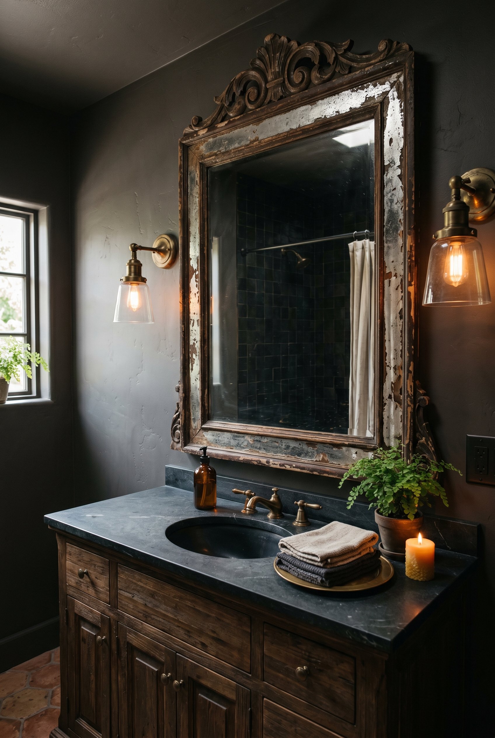 Photorealistic interior photo. Moody bathroom vanity featuring a massive, heavily distressed carved wood mirror with peeling silver backing. Two heavy brass wall sconces flank the mirror. Dim ambient