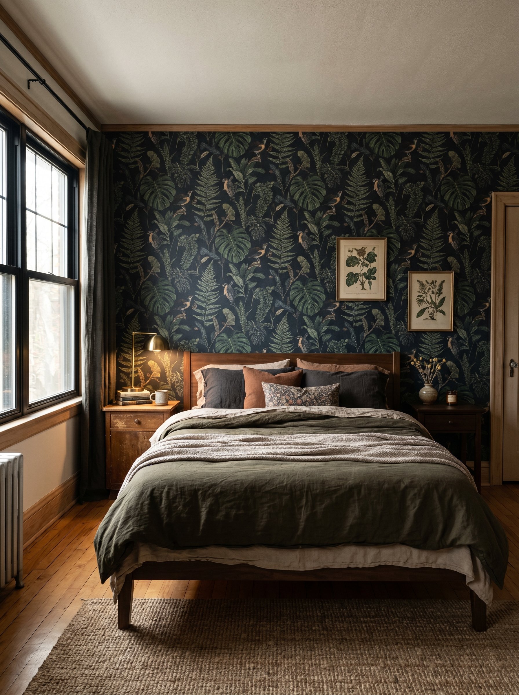 Photorealistic interior photo. Moody bedroom, dark dramatic botanical peel-and-stick wallpaper on feature wall, natural sunlight, straight-on camera angle. Editorial photography style, no people visib
