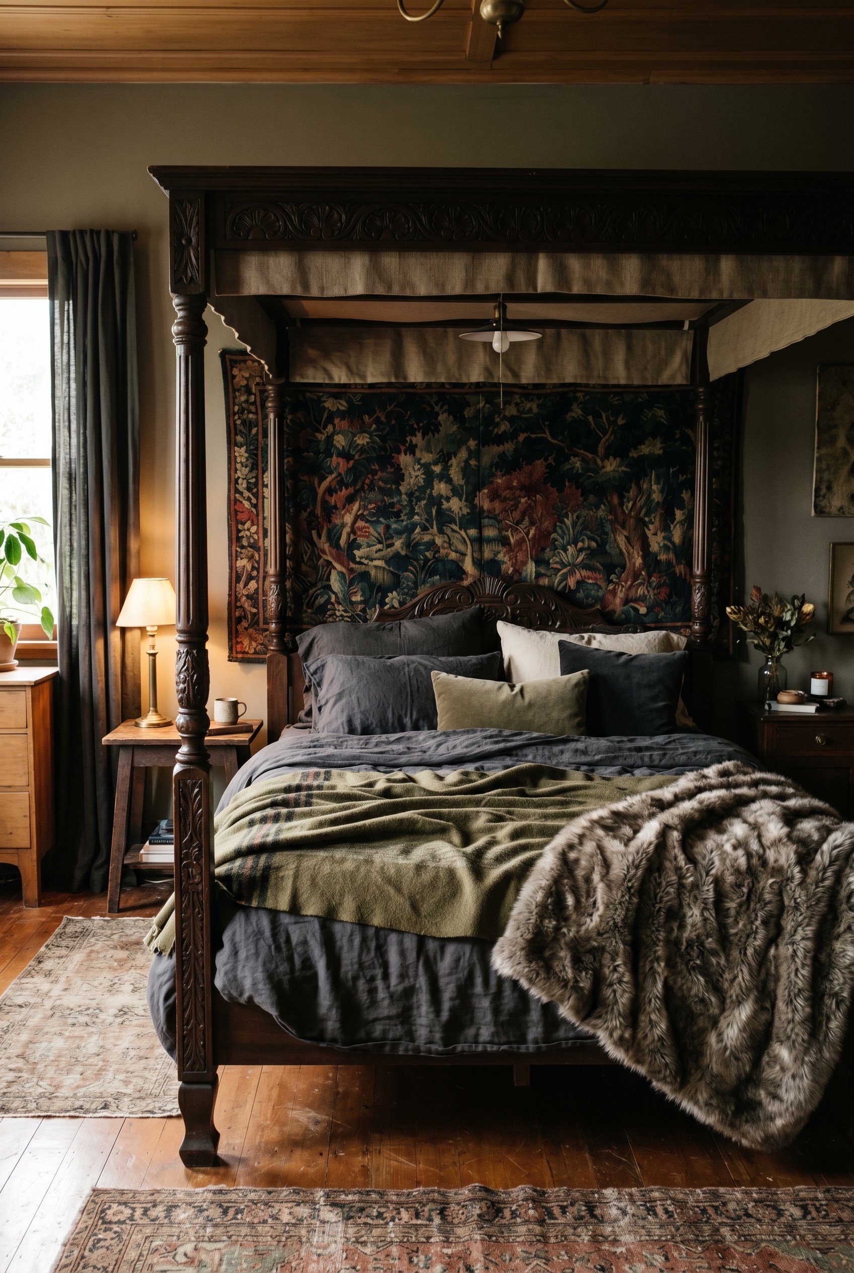 Photorealistic interior photo. Moody bedroom with a dark carved wood canopy bed frame. Charcoal linen sheets heavily layered with a wool camp blanket and faux fur throw. A dark vintage tapestry hangs