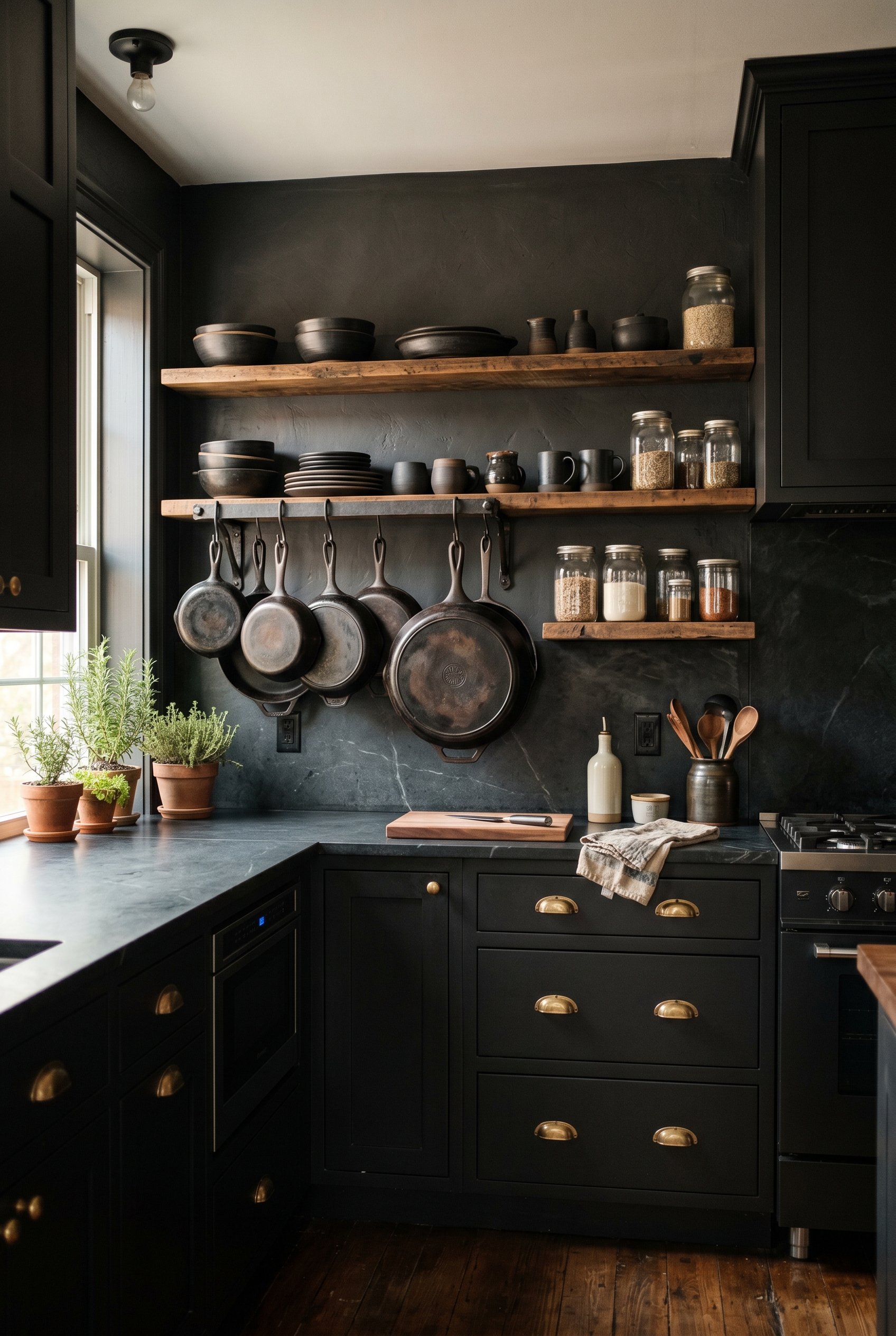 Photorealistic interior photo. Moody kitchen with matte black cabinetry and unlacquered brass cup pulls. Seasoned cast iron skillets hanging on a forged iron rack. Dark stoneware on open wood shelves.