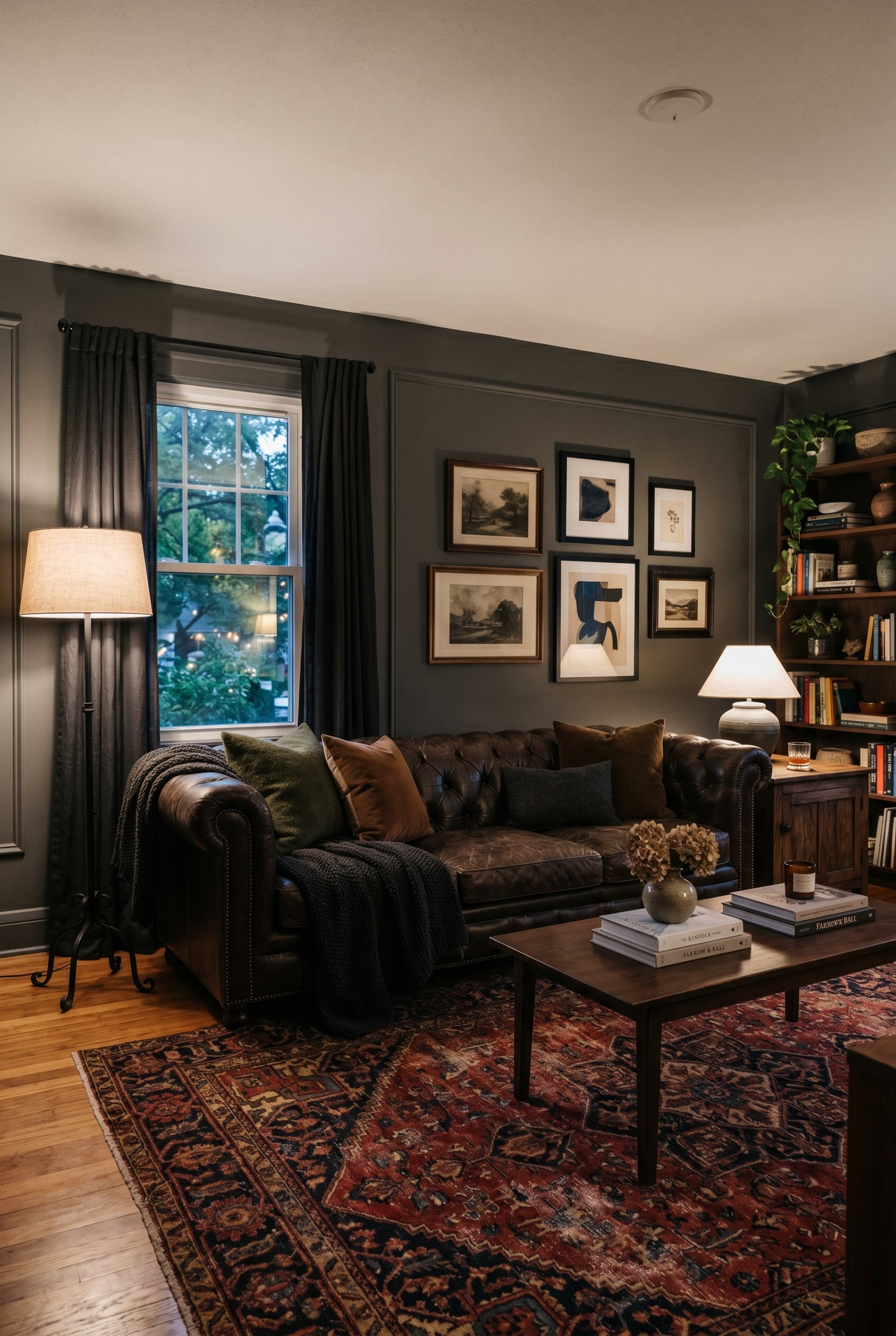 Photorealistic interior photo. Moody living room featuring a dark tufted Chesterfield sofa. An oversized, faded antique Persian rug in dark reds and blacks is on the floor. Wrought iron floor lamp. Ed