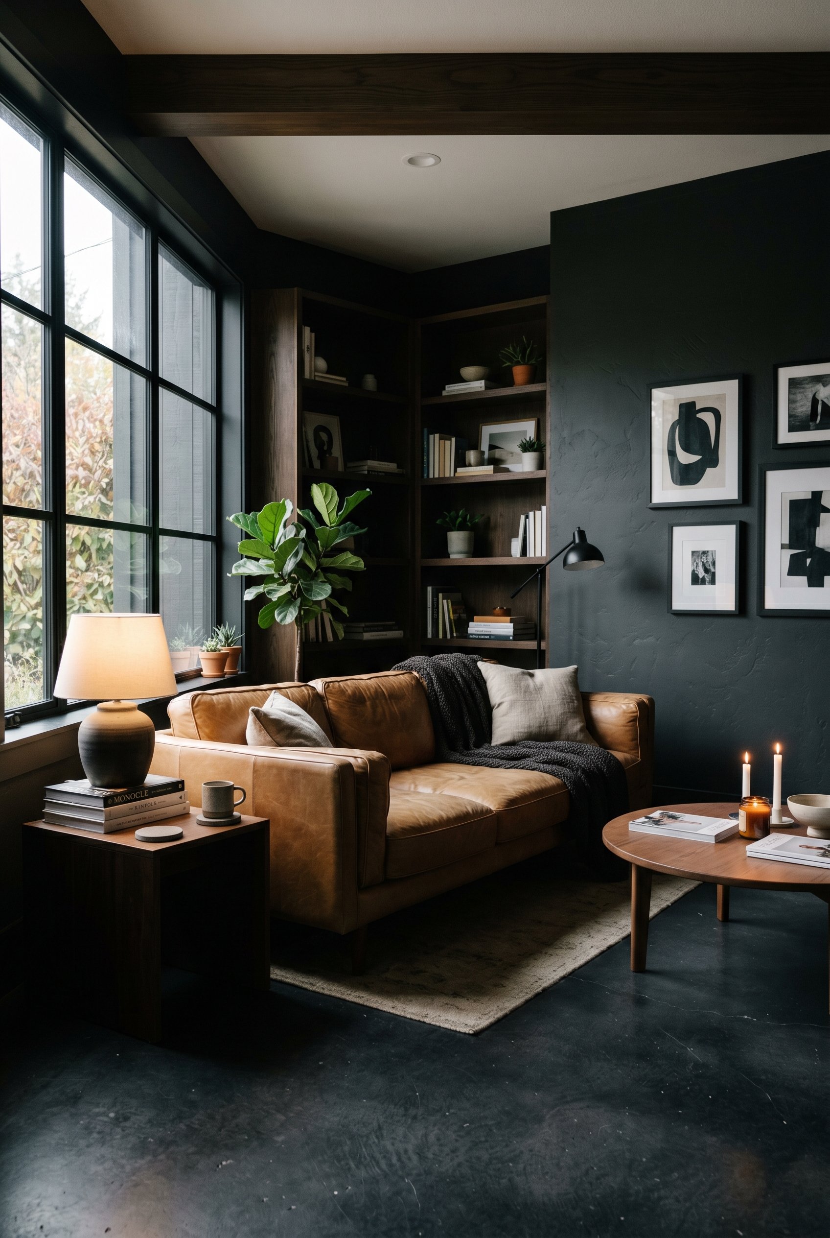 Photorealistic interior photo. Moody living room with a matte black dyed concrete floor, tan leather sofa, dramatic shadows, dark architectural aesthetic. Editorial photography style, no people visibl
