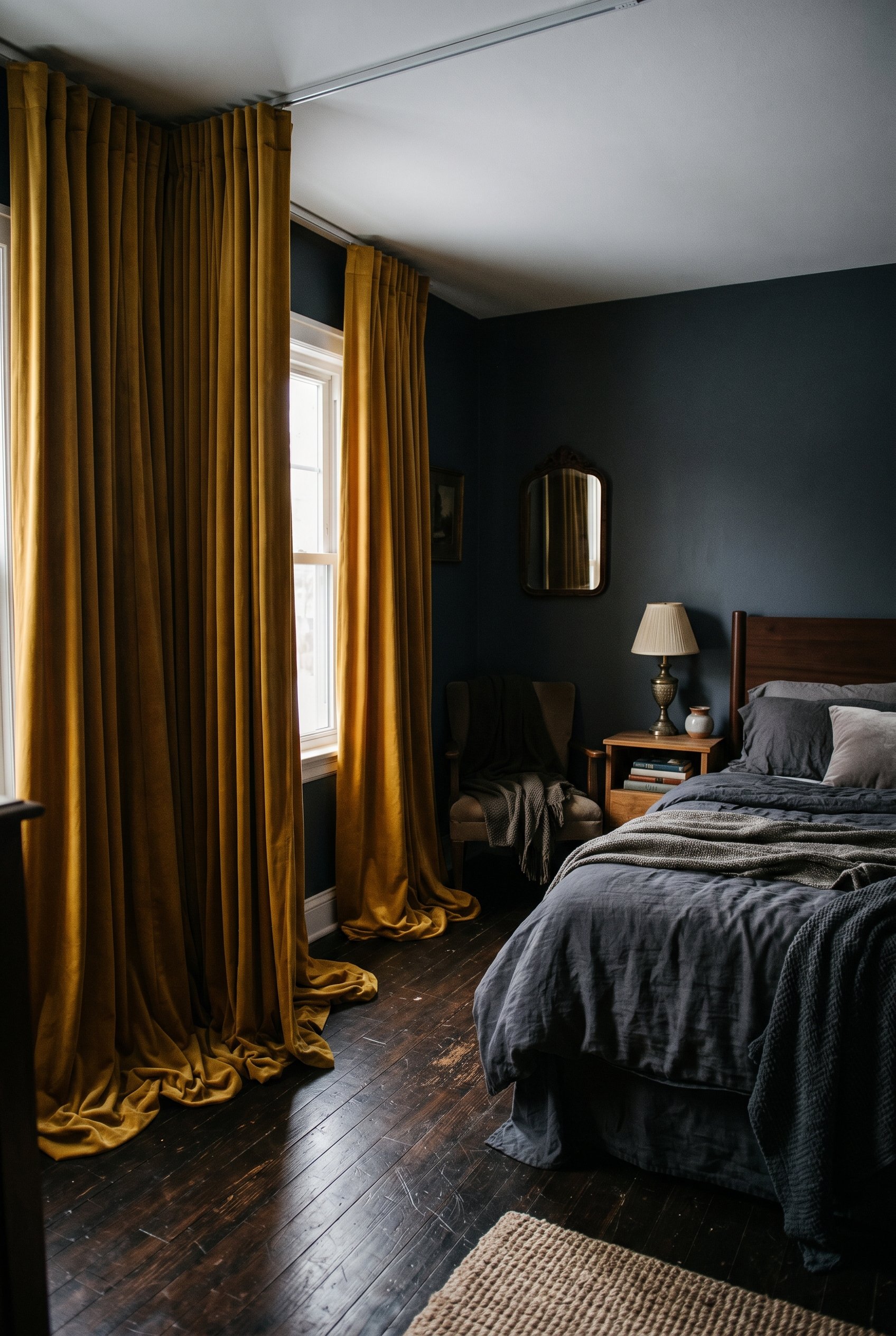 Photorealistic interior photo. Mustard yellow heavy velvet drapes hung flush with the ceiling, pooling slightly on the floor in a dark bedroom. Editorial photography style, no people visible.
