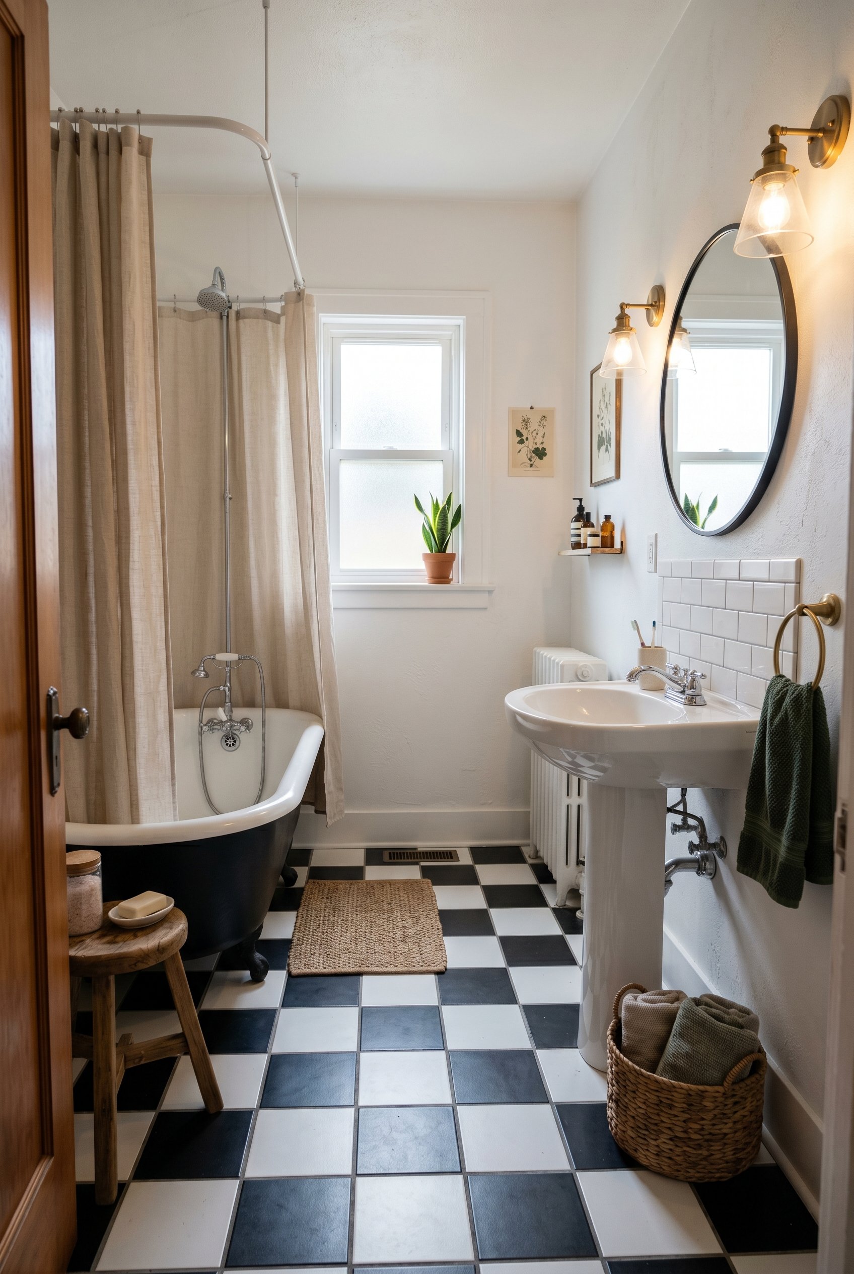 Photorealistic interior photo. Neutral black and white peel-and-stick checkerboard tile floor in a small chic bathroom. Crisp lighting, editorial photography style, no people visible.