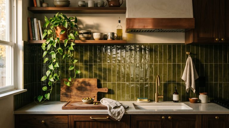 Photorealistic interior photo of a striking kitchen backsplash featuring handmade, highly glossy olive green subway tiles in a vertical straight stack. Warm evening light casting dramatic shadows, sty