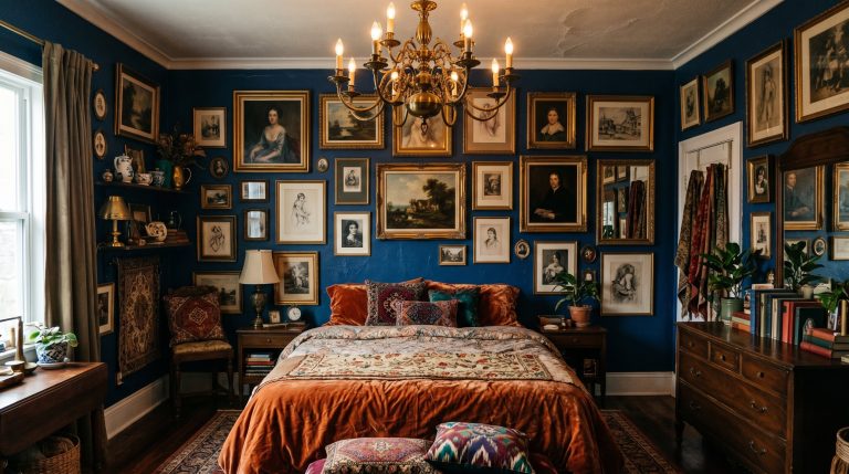 Photorealistic interior photo of an eclectic maximalist bedroom. Dark sapphire walls, floor-to-ceiling overlapping vintage art gallery wall, heavy rust velvet bedding, massive ornate brass chandelier