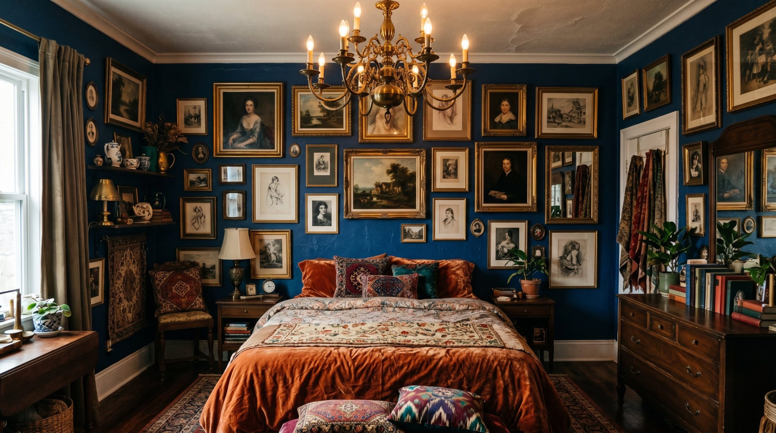 Photorealistic interior photo of an eclectic maximalist bedroom. Dark sapphire walls, floor-to-ceiling overlapping vintage art gallery wall, heavy rust velvet bedding, massive ornate brass chandelier